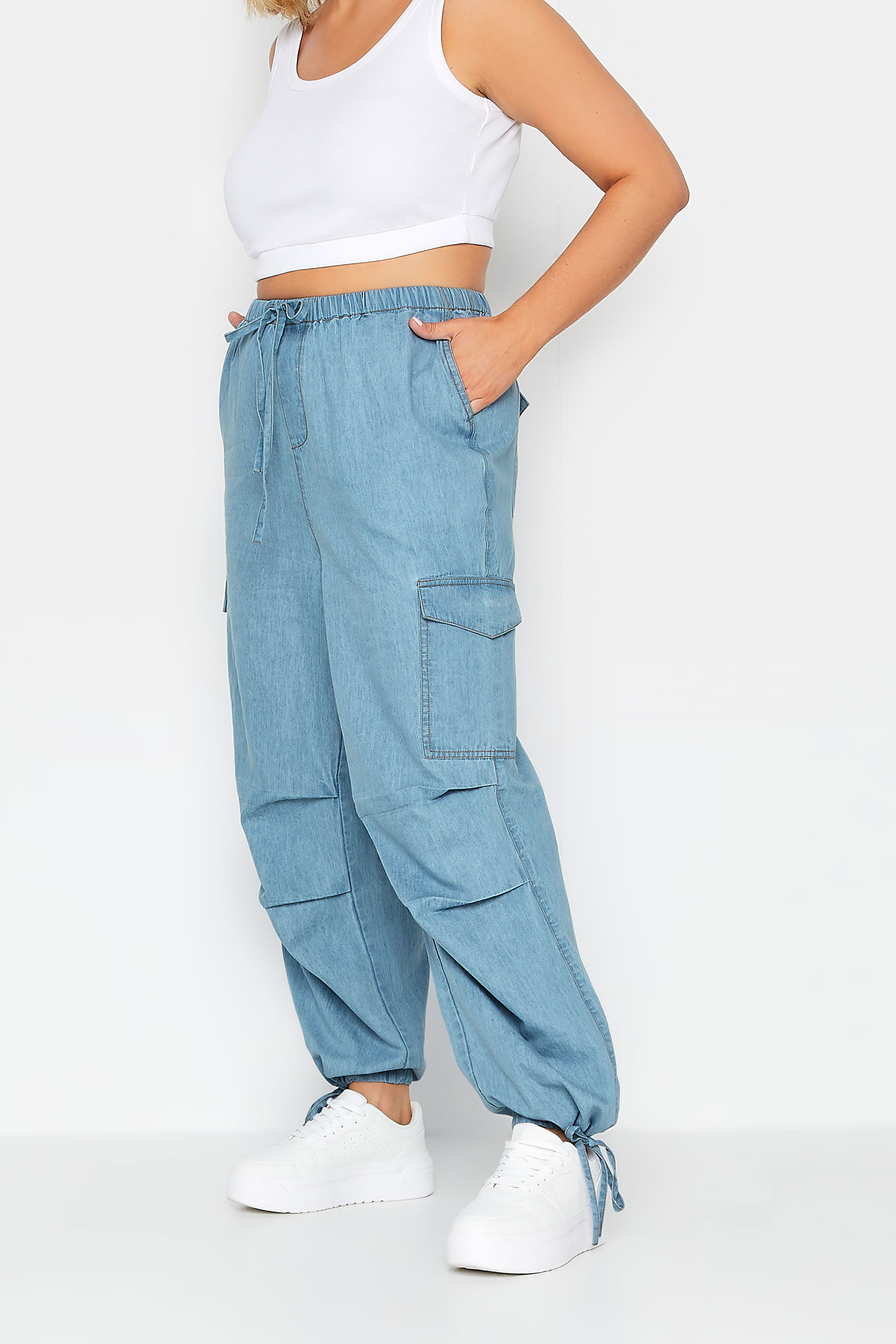 YOURS Curve Plus Size Blue Denim Cargo Jeans | Yours Clothing  1