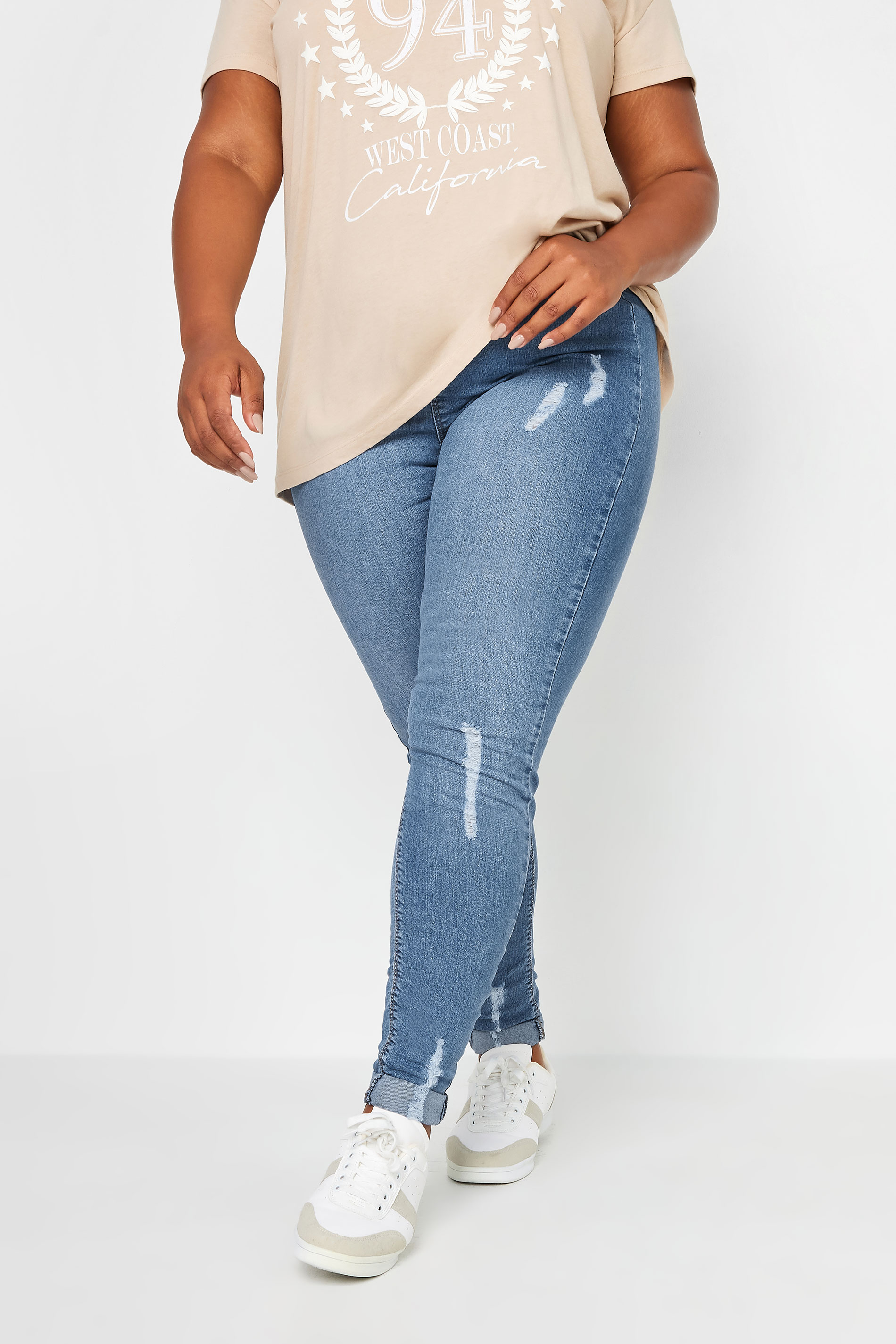 YOURS Plus Size Light Blue Ripped Turn Up GRACE Jeggings | Yours Clothing 1