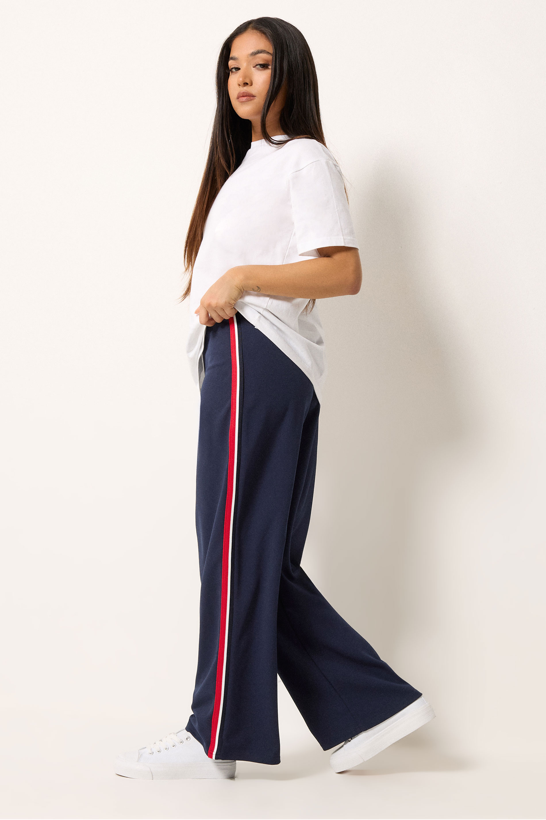 M&Co Petite Navy Blue Side Stripe Trousers | M&Co 1