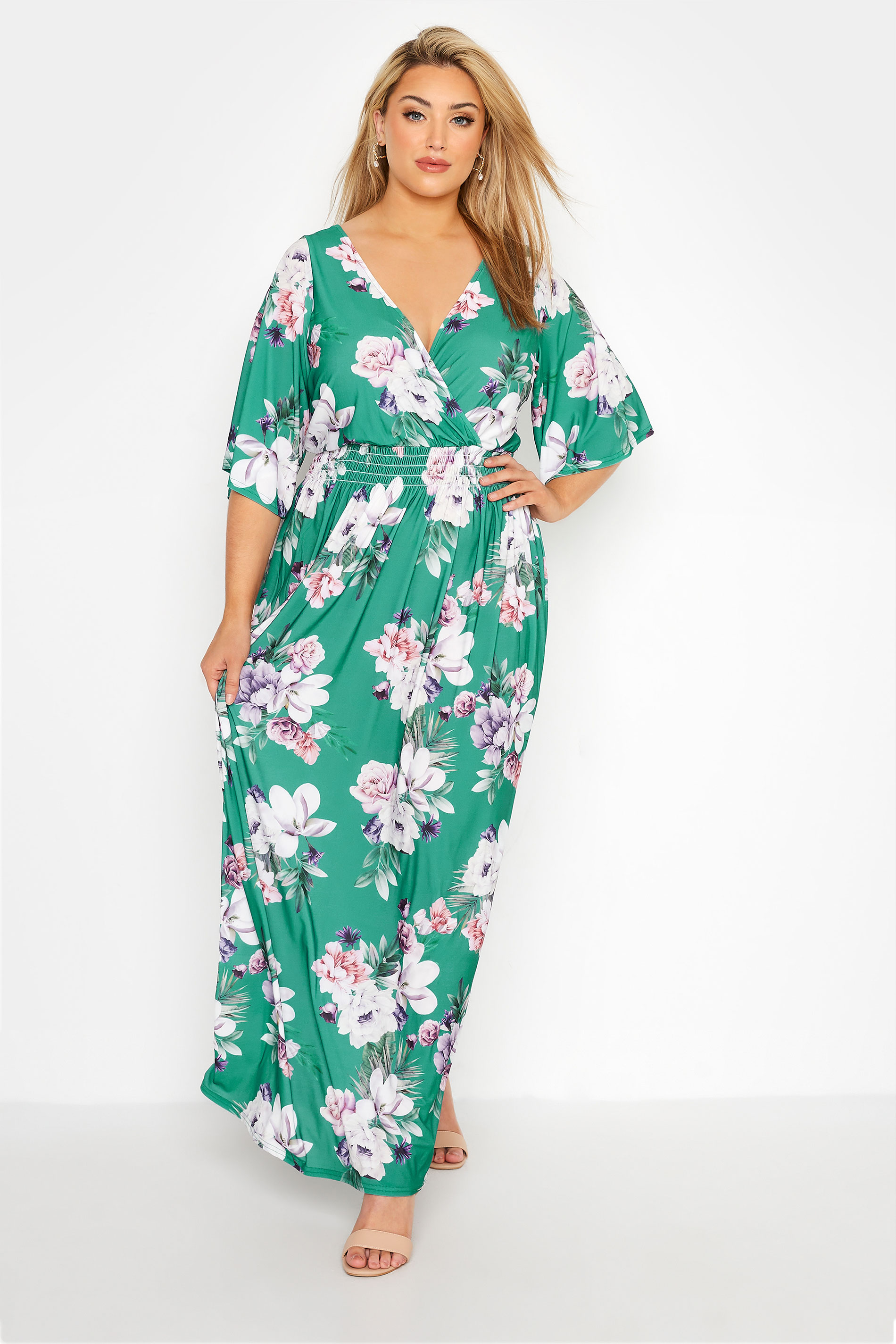YOURS LONDON Curve Green Floral Shirred Waist Maxi Dress 1