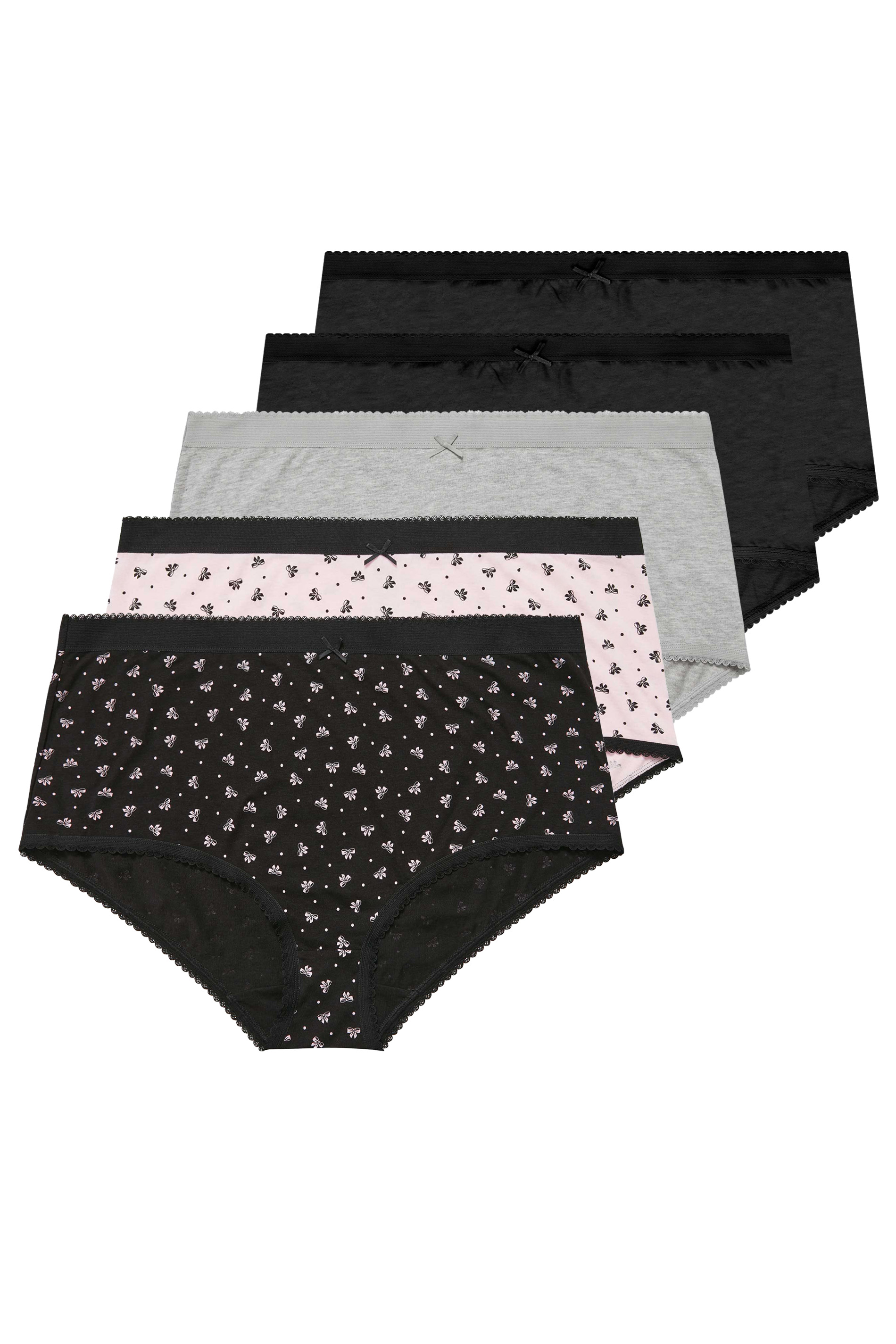 YOURS 5 PACK Plus Size Black & Pink Bow Print High Waisted Full Briefs | Yours Clothing 3