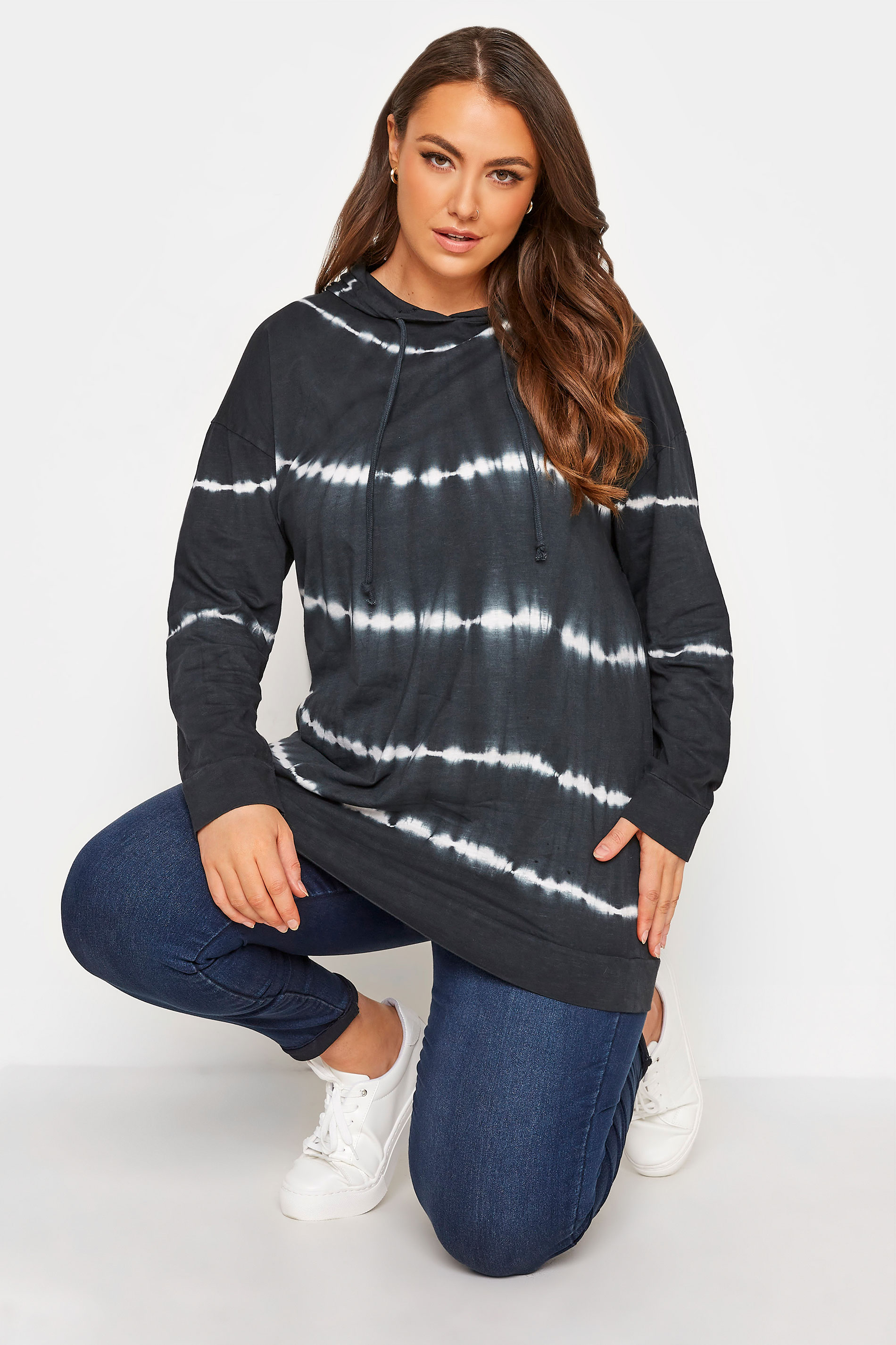 Plus Size Black Tie Dye Washed Hoodie | Yours Clothing  1