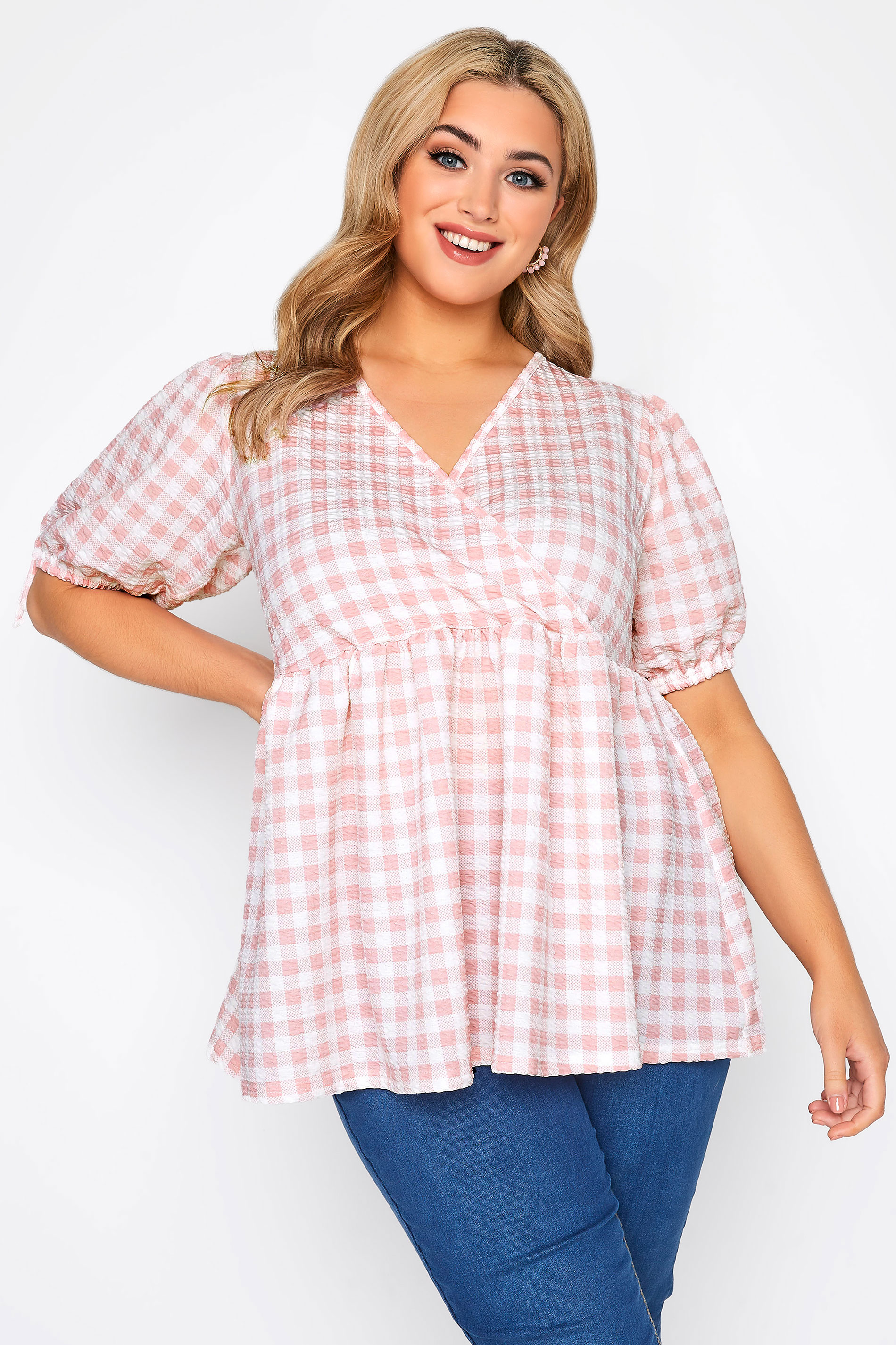 LIMITED COLLECTION Curve Pink Gingham Wrap Front Smock Top_A.jpg