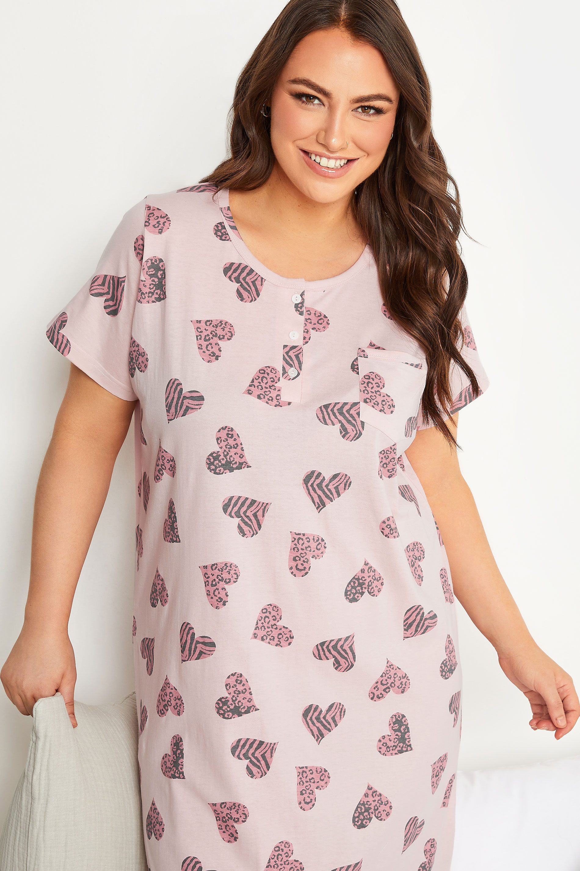 YOURS Curve Plus Size Pink Animal Heart Print Midaxi Nightdress | Yours Clothing  3