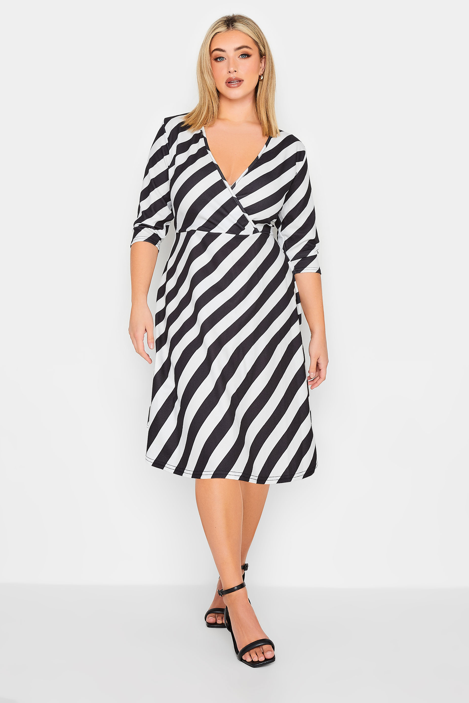 YOURS PETITE Plus Size Black & White Stripe Wrap Dress | Yours Clothing 2