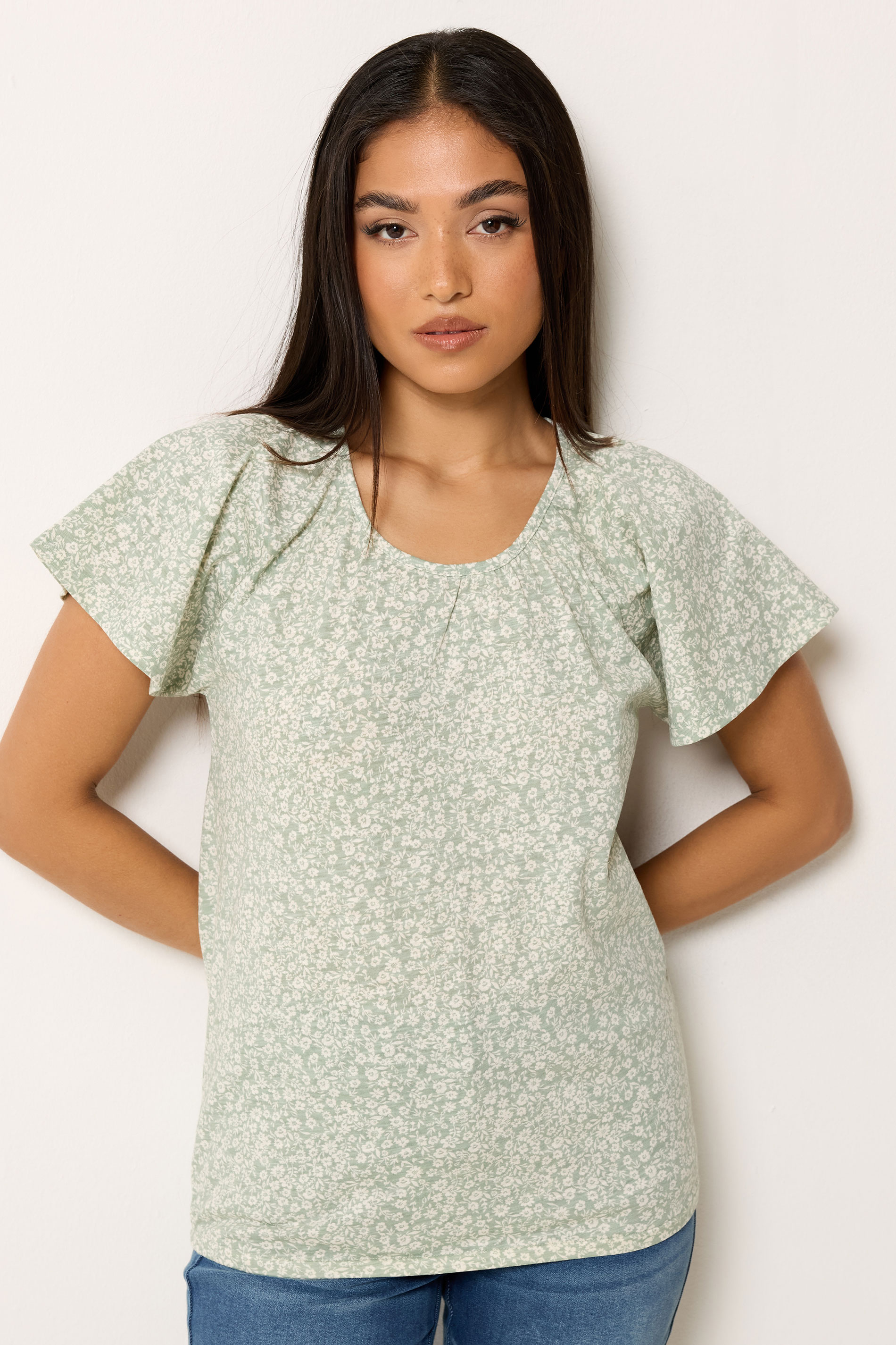 M&Co Petite Sage Green Floral Cotton Scoop Neck Top | M&Co 3