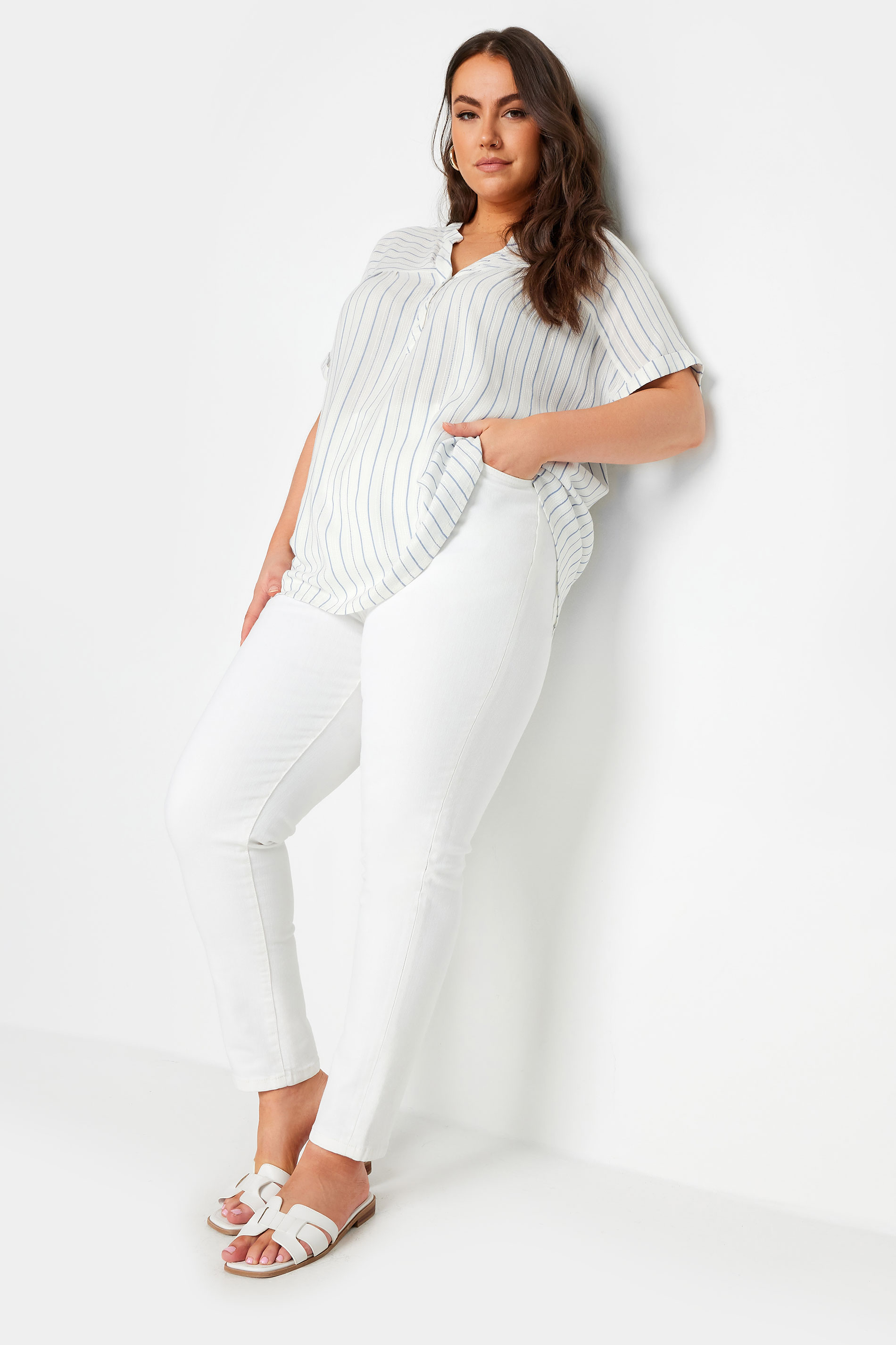 YOURS Plus Size White & Navy Blue Stripe Notch Neck Blouse | Yours Clothing 2