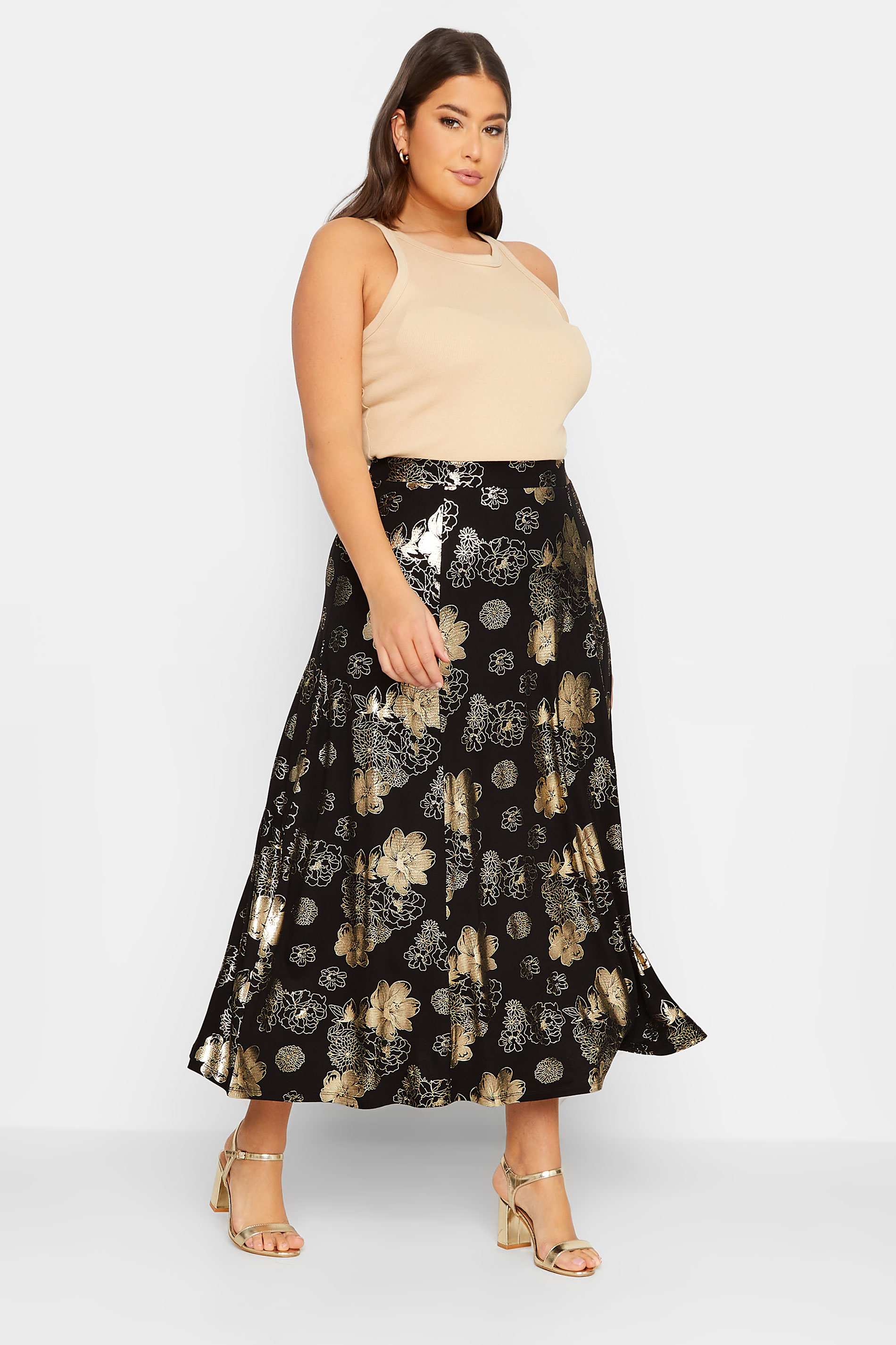 YOURS LUXURY Plus Size Black Floral Foil Printed Skirt | Yours Clothing 2