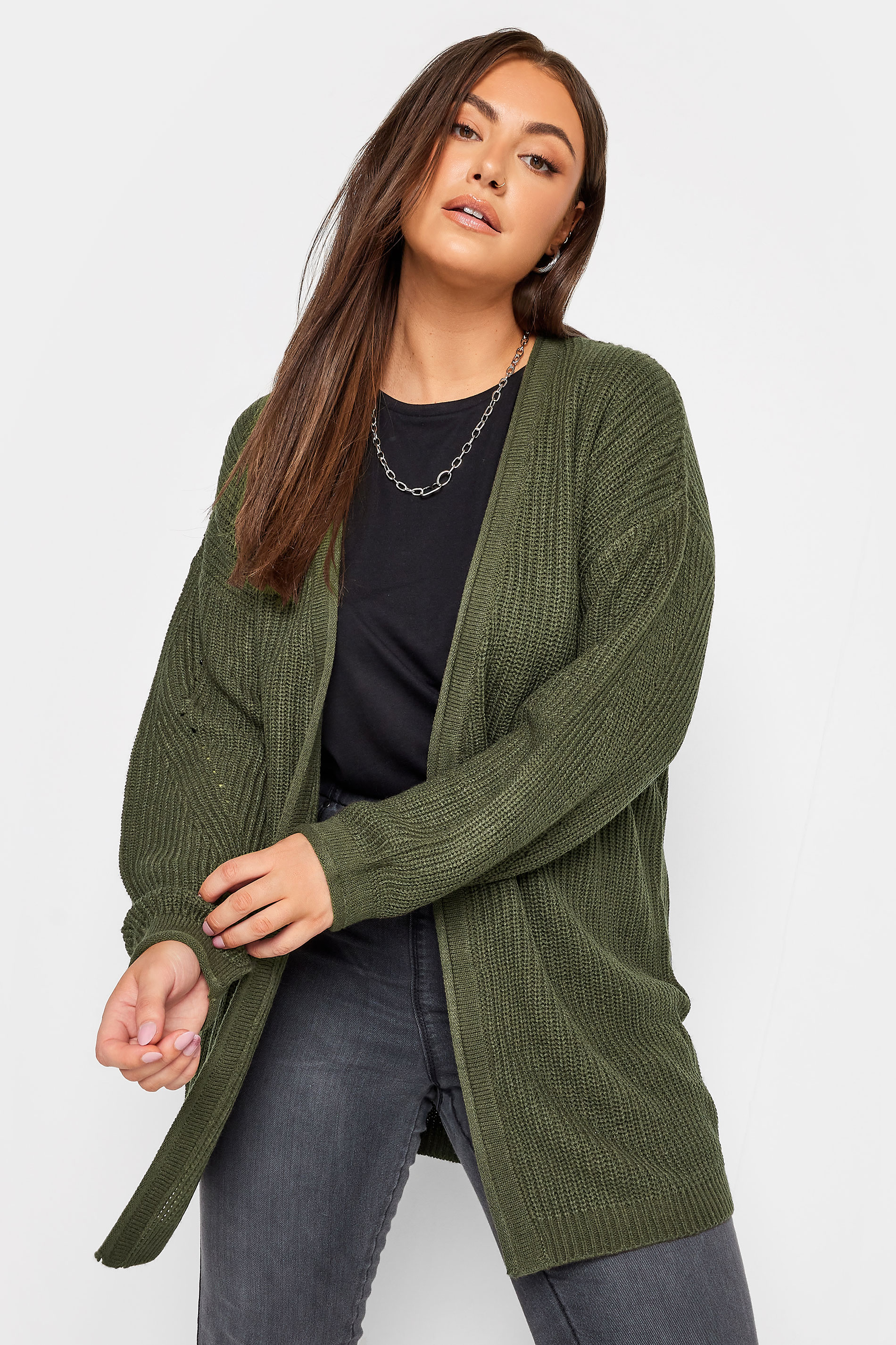 YOURS Plus Size Khaki Green Knitted Cardigan | Yours Clothing 1