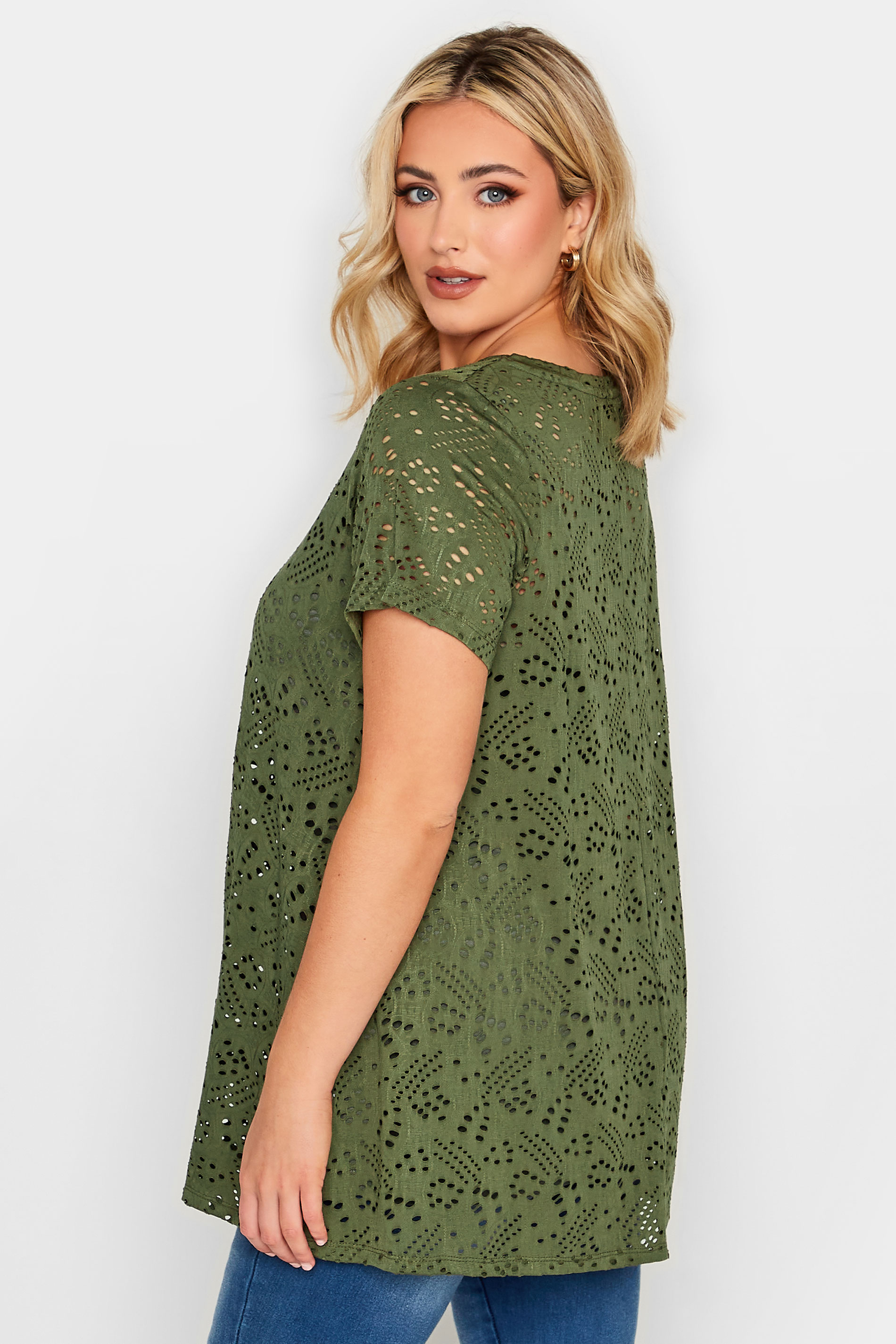 YOURS Curve Plus Size Khaki Green Broderie Anglaise Swing V-Neck T-Shirt | Yours Clothing  3