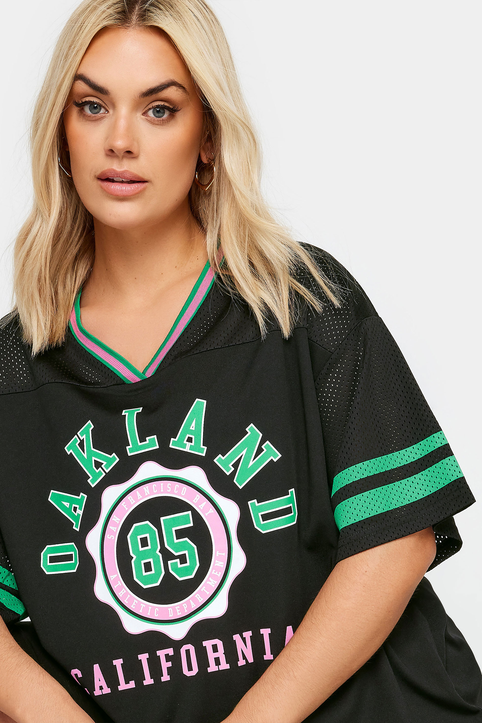 YOURS Plus Size Black 'Oakland' Slogan Varsity T-Shirt | Yours Clothing 1