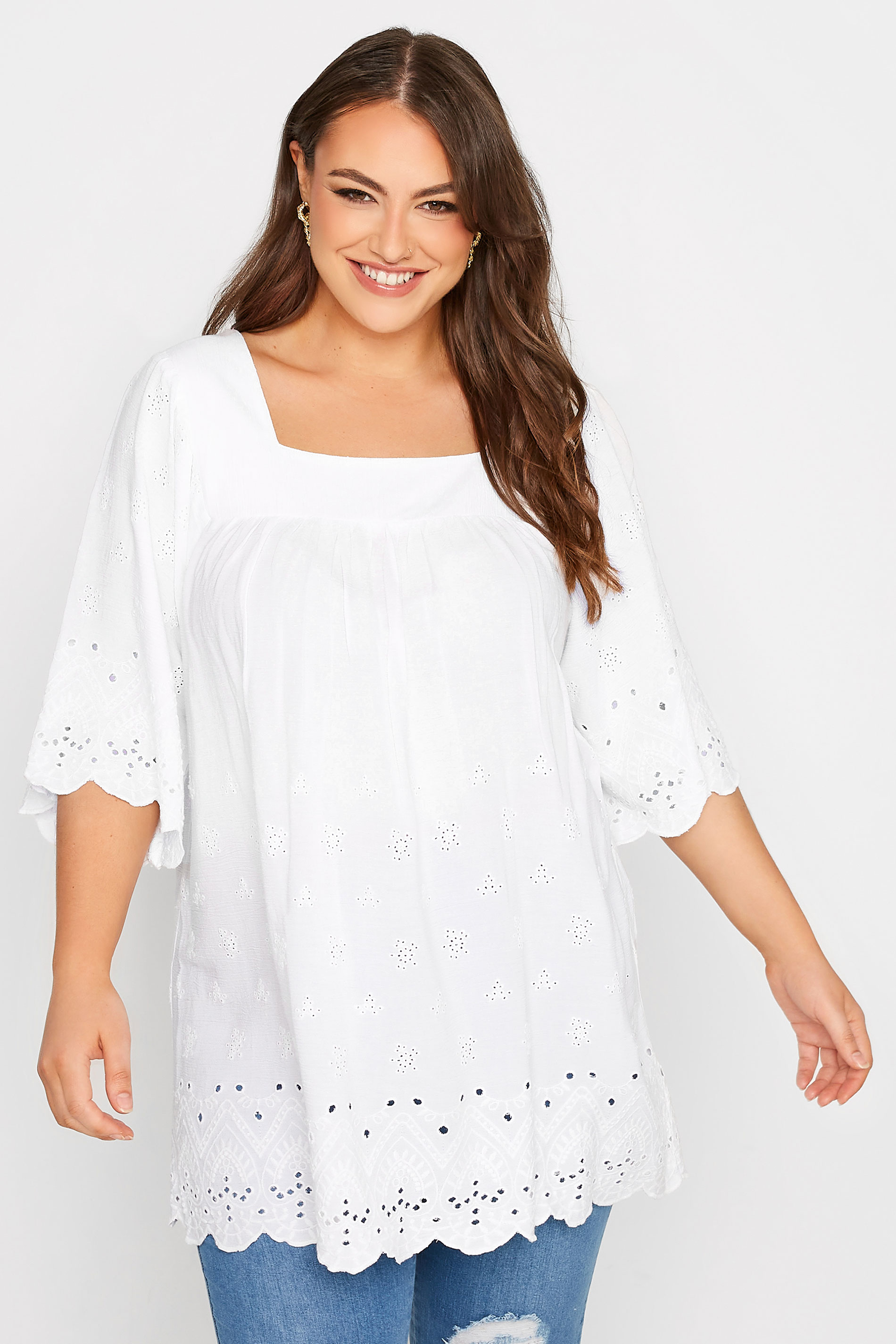 Plus Size Black Broderie Anglaise Square Neck Top | Yours Clothing  1
