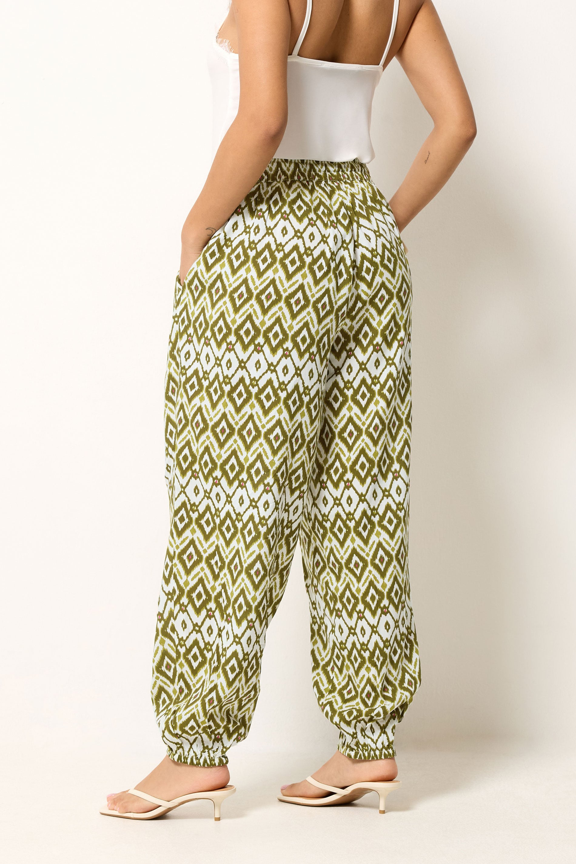 PixieGirl Petite Women's Green Abstract Harem Trousers | PixieGirl 2