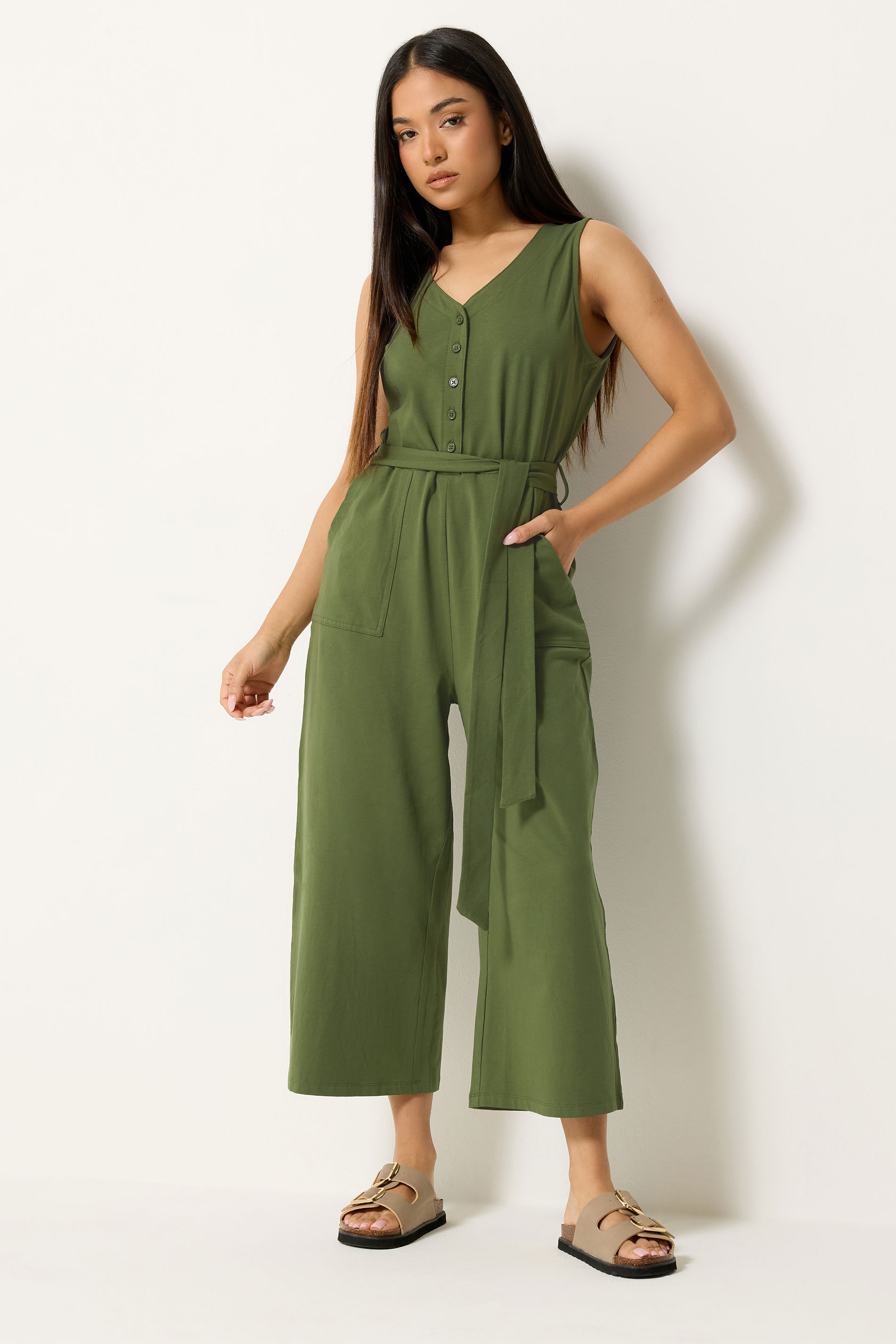 M&Co Petite Khaki Green Cotton Sleeveless Jumpsuit | M&Co 3