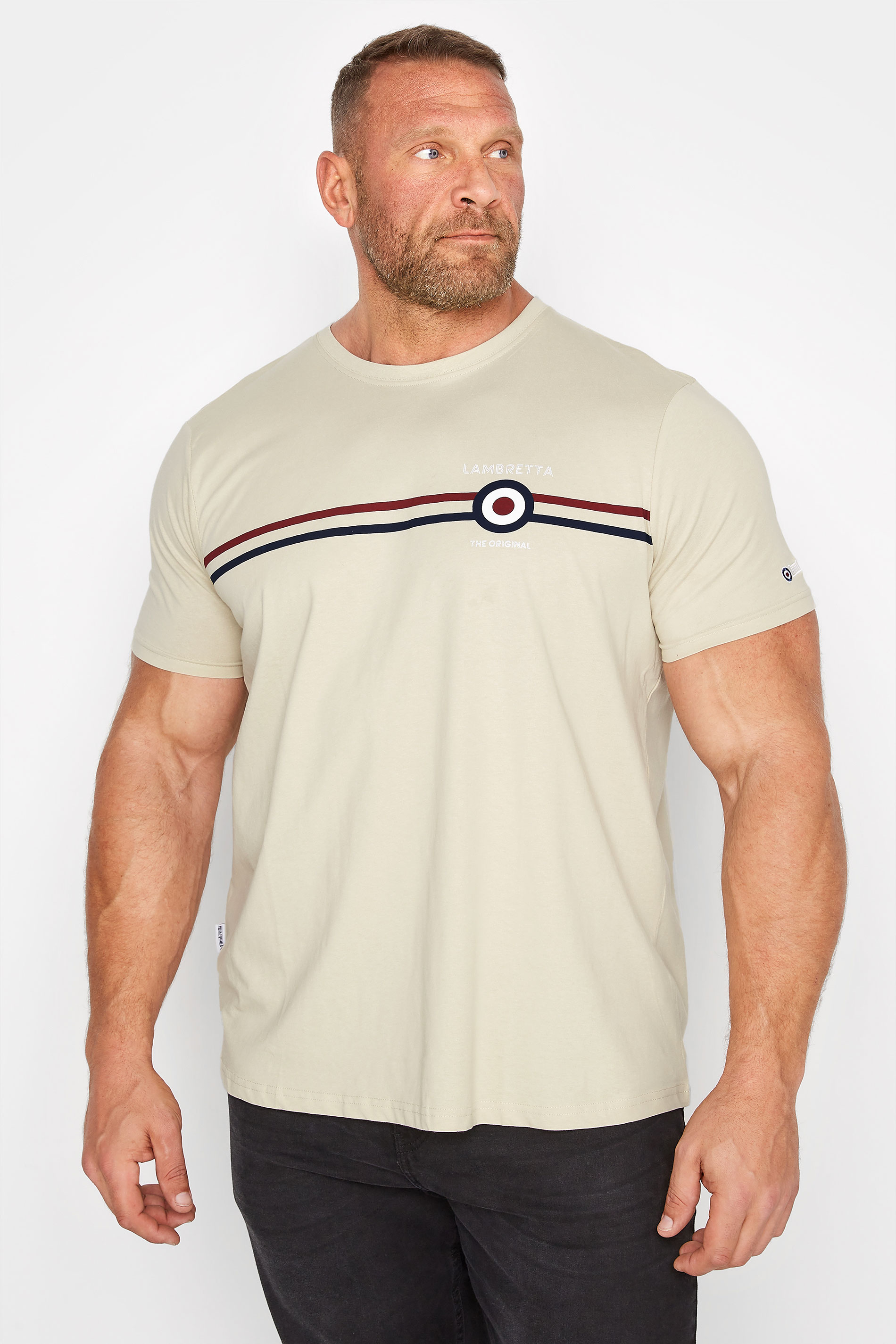 LAMBRETTA Big & Tall Cream Classic Stripe T-Shirt 1