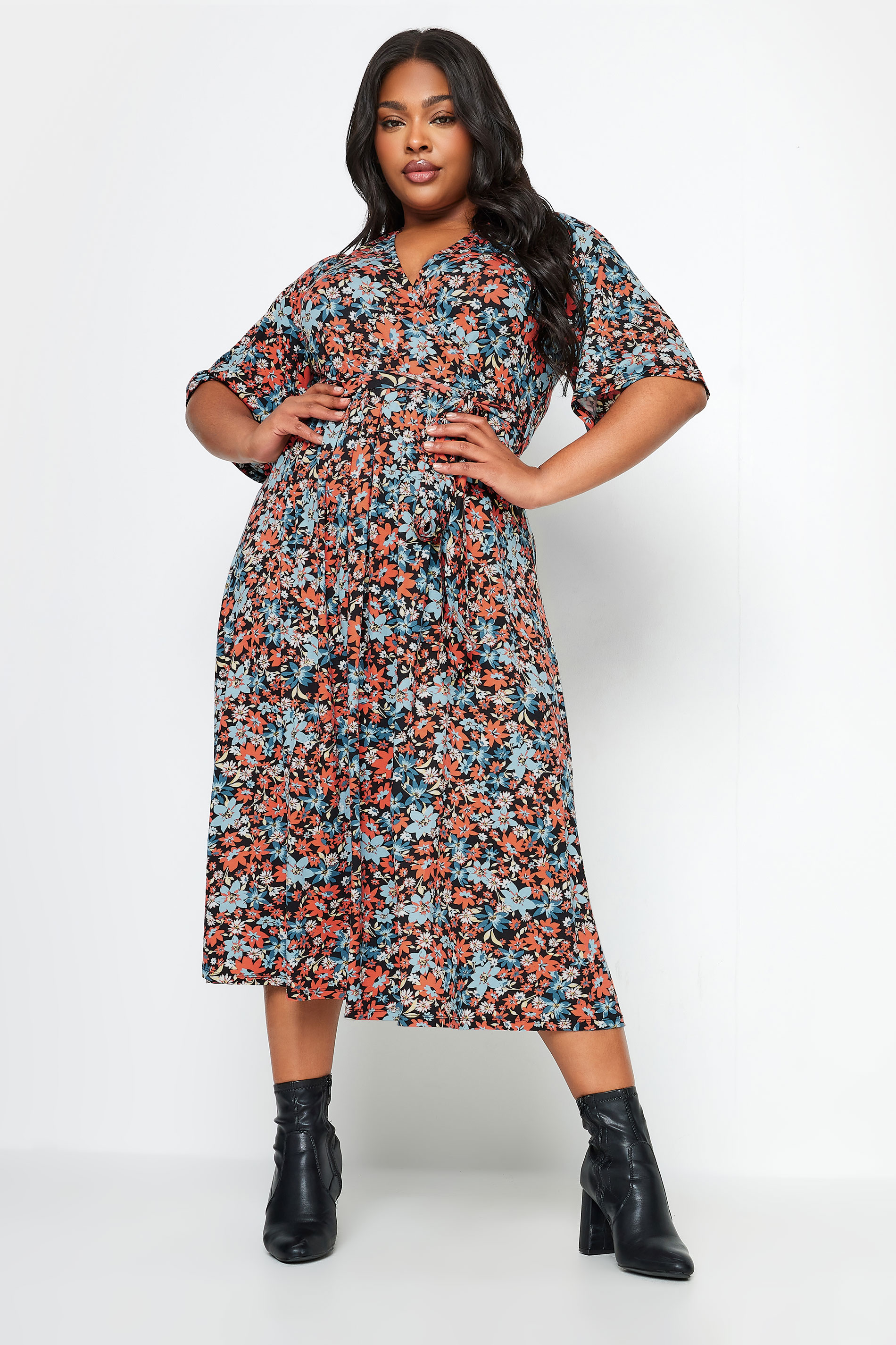 YOURS Plus Size Light Blue Floral Print Midaxi Wrap Dress | Yours Clothing 1