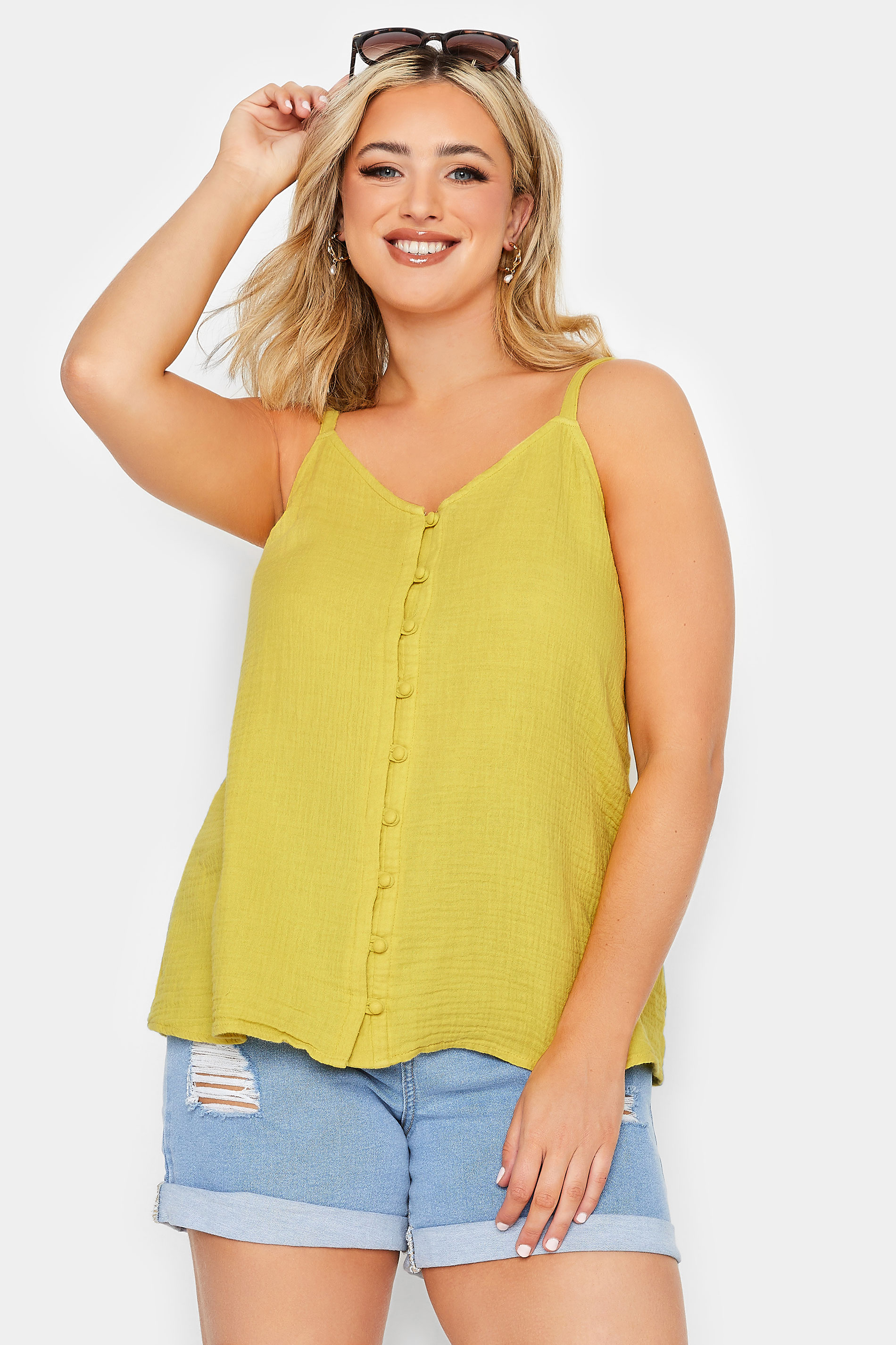 YOURS Plus Size Yellow Button Cami Vest Top | Yours Clothing 1
