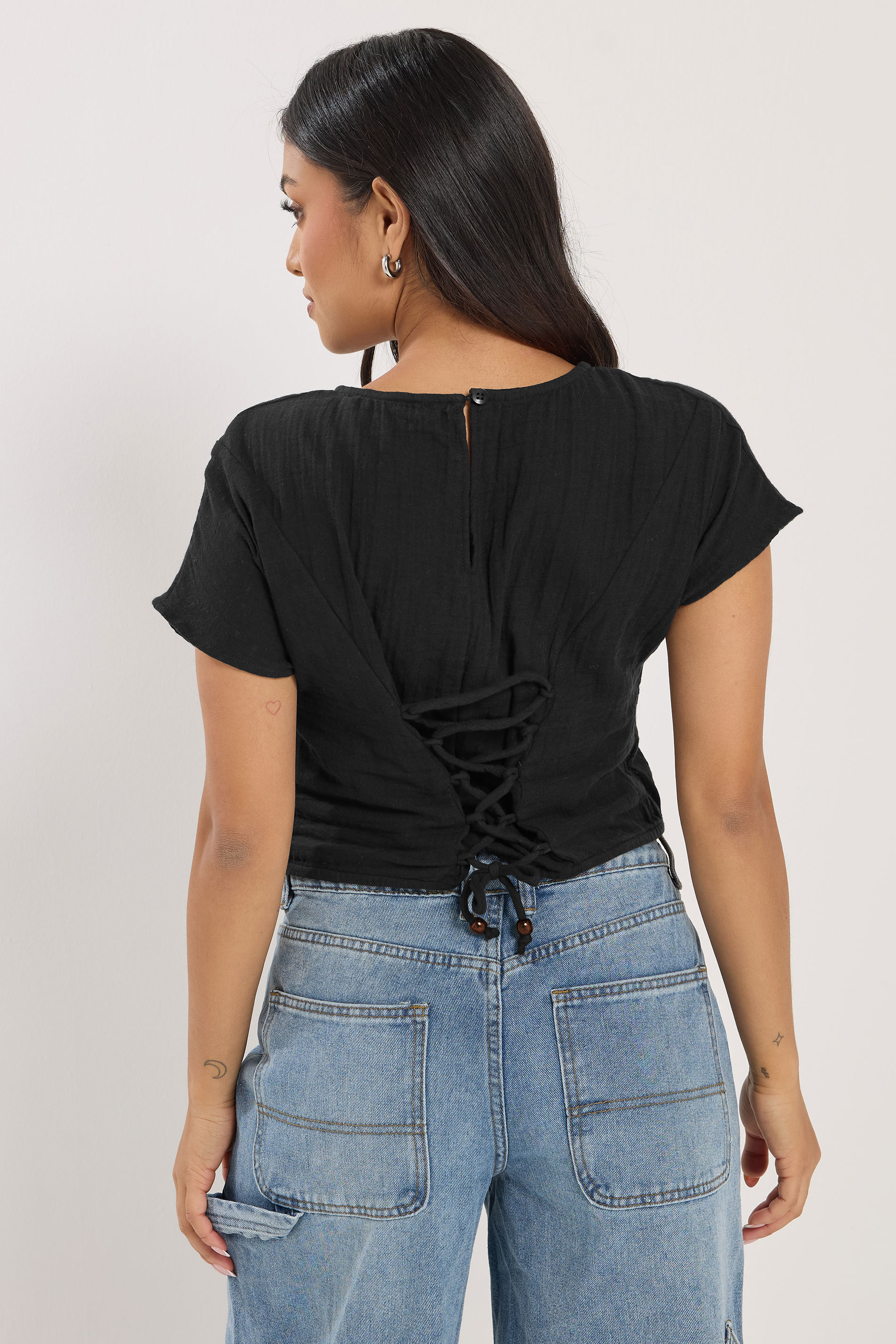 PixieGirl Petite Women's Black Cotton Lace Up Cheesecloth Top | PixieGirl 2