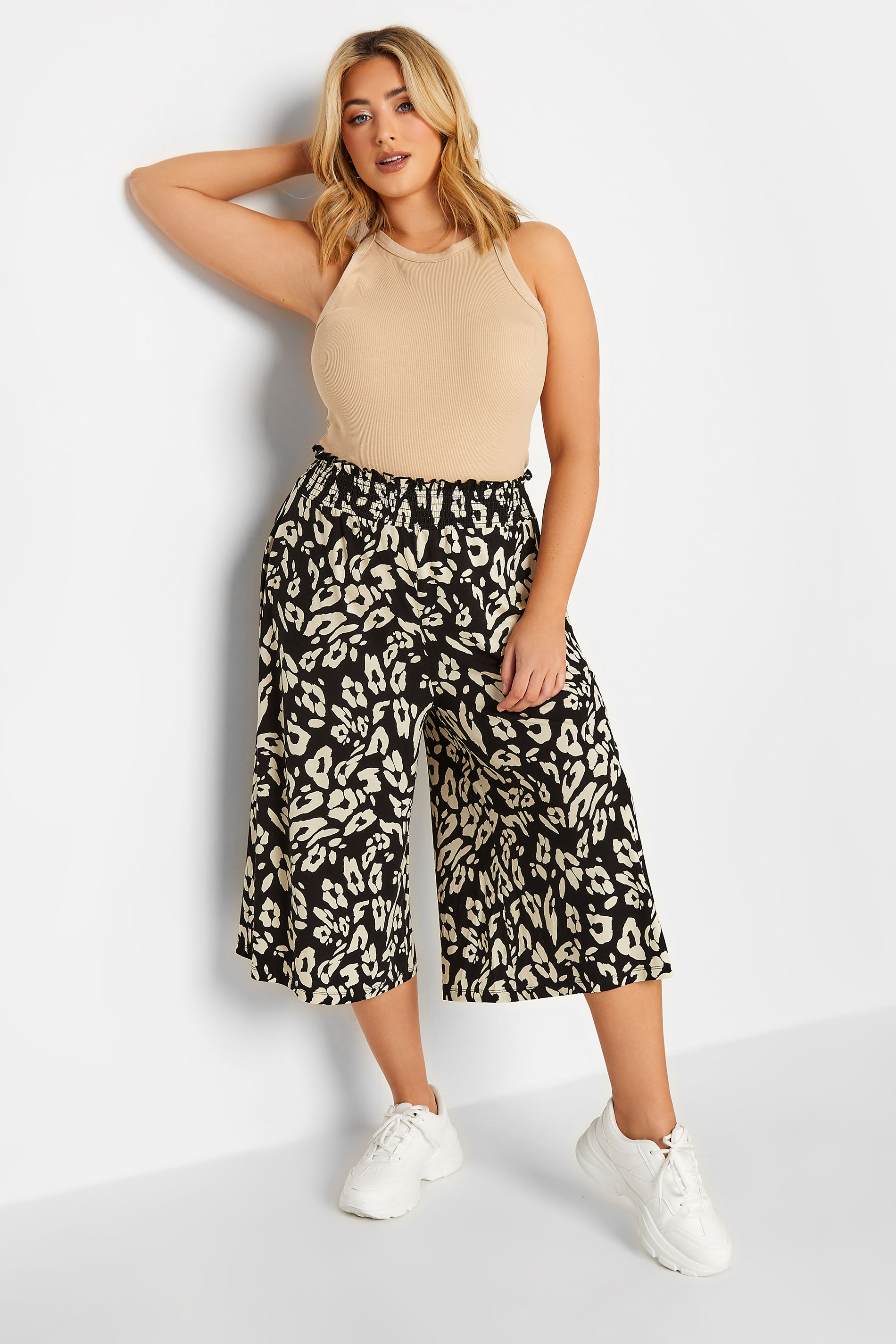YOURS Plus Size Black Leopard Print Shirred Waist Culottes | Yours Clothing 2