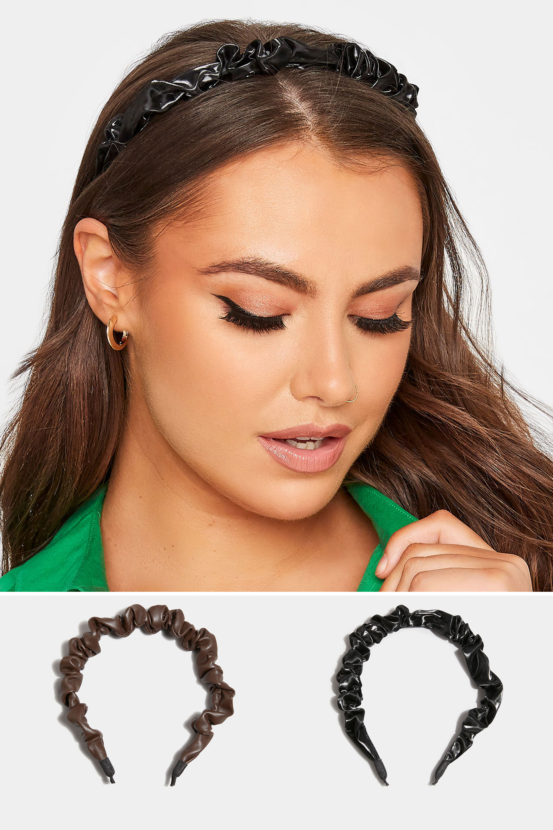 2 PACK Brown & Black Ruched Headbands | Yours Clothing  1