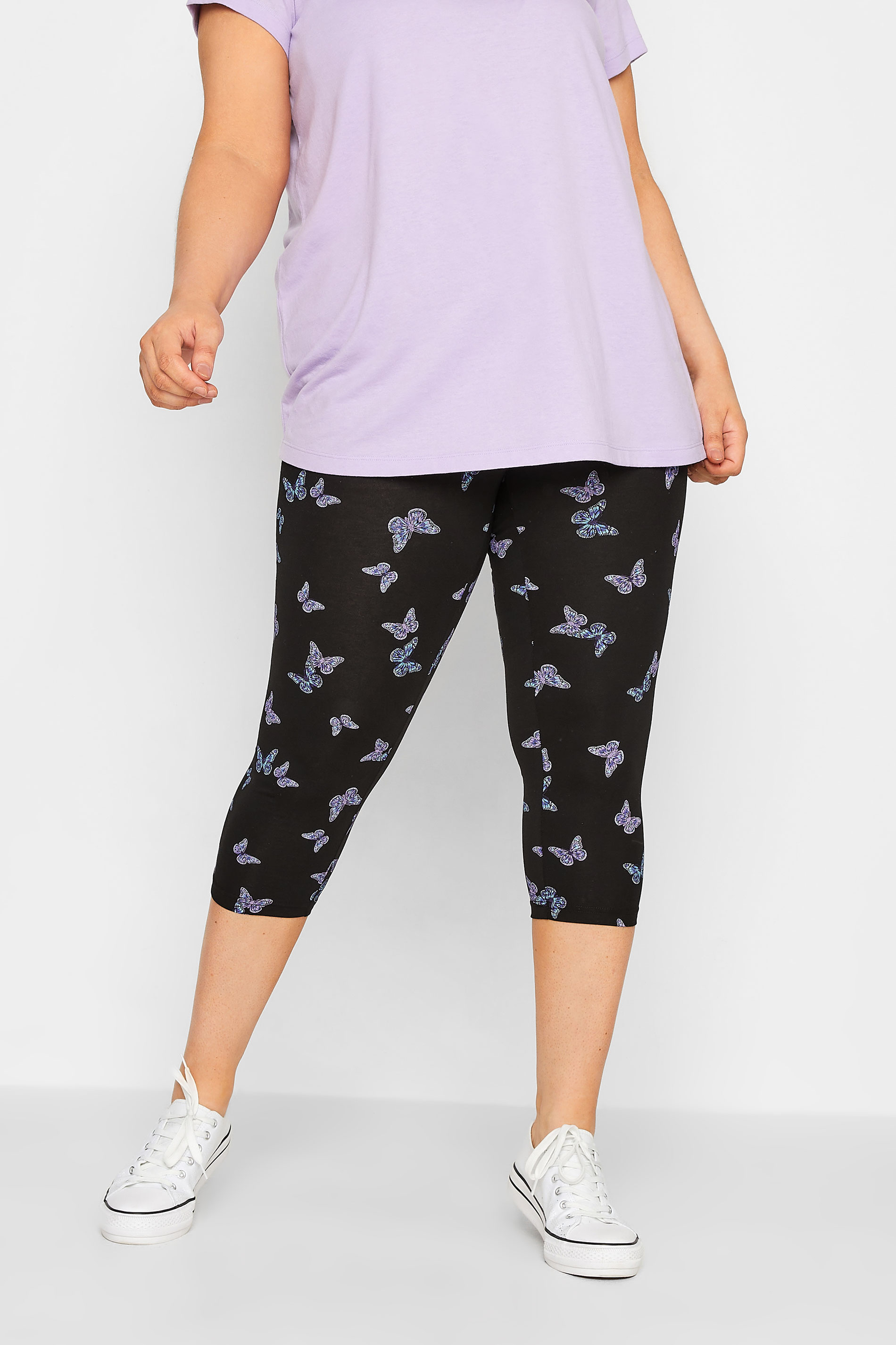 YOURS Plus Size Black Butterfly Print Cropped Leggings | Yours Clothing 1