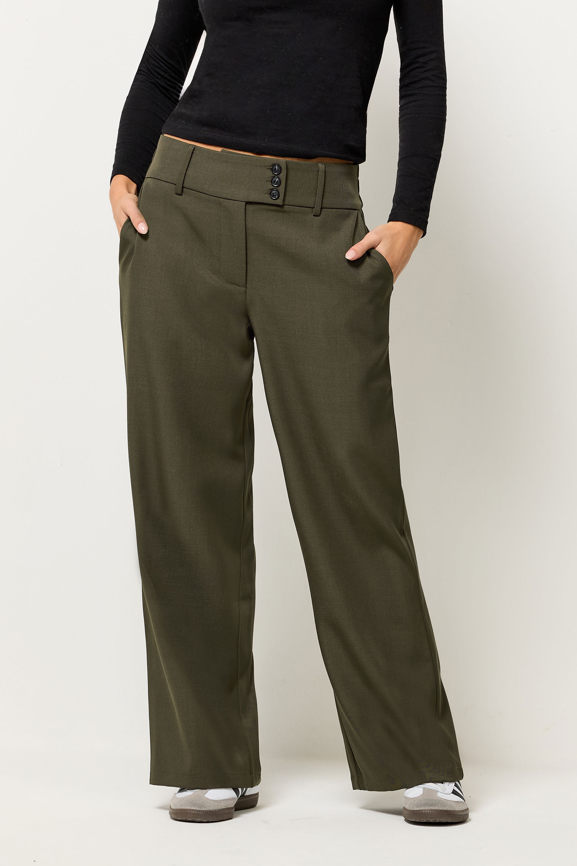 PixieGirl Petite Women's Olive Green Button Tab Detail Wide Leg Trousers | PixieGirl 1