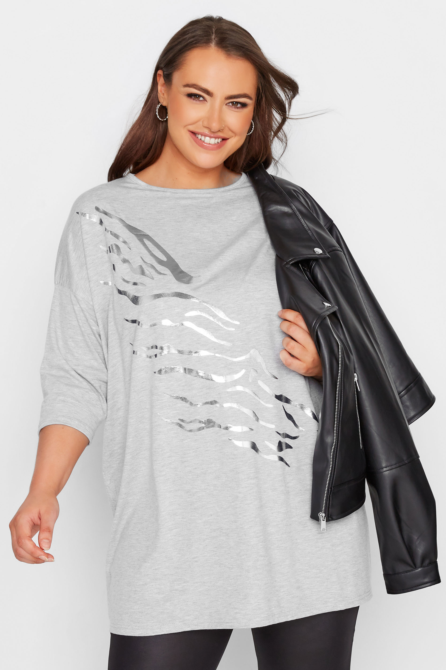 Plus Size Grey Foil Tiger Print T-Shirt | Yours Clothing 1