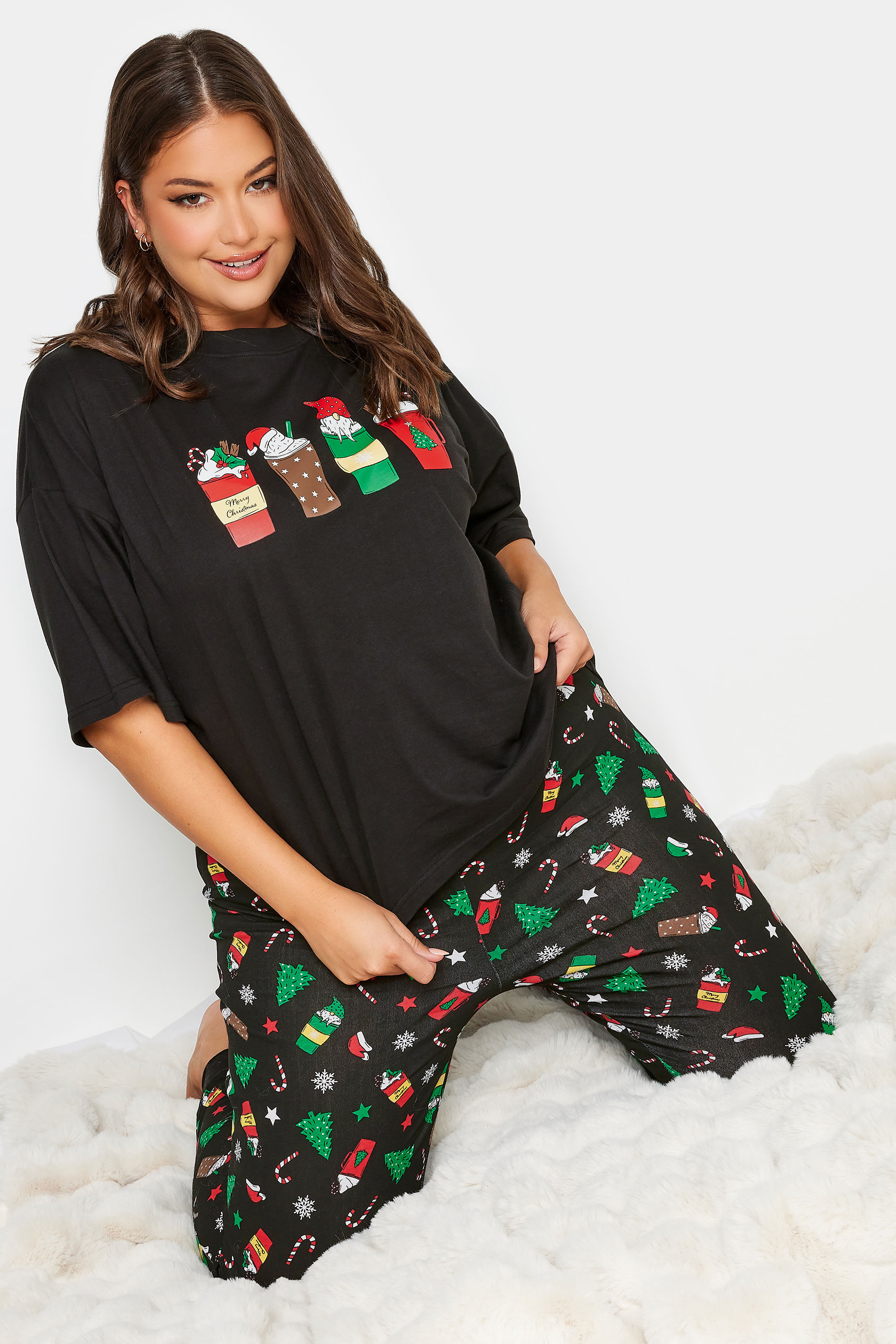 LIMITED COLLECTION Curve Plus Size Black Christmas Drink Print Pyjama Top | Yours Clothing  1