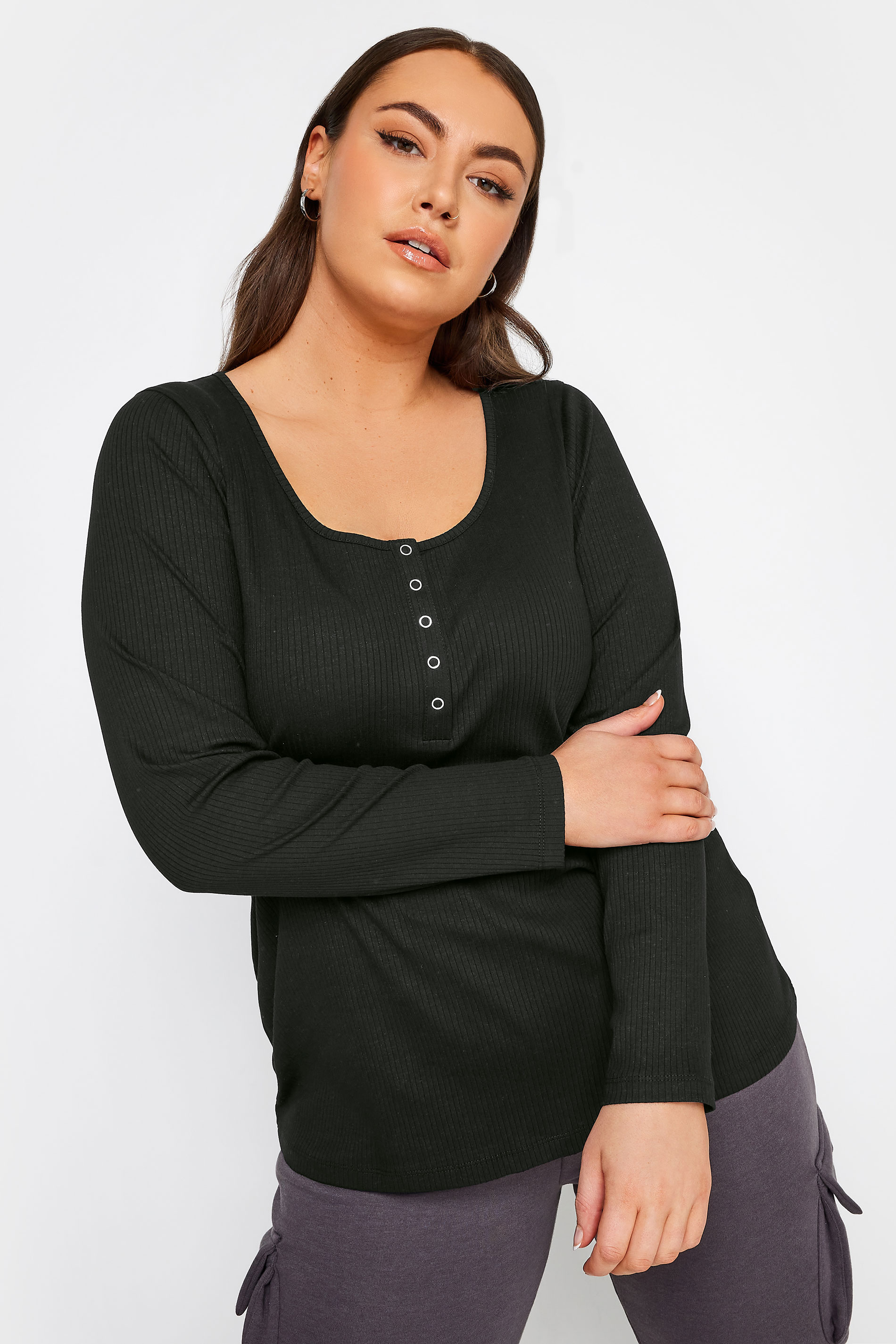 YOURS Plus Size Black Ribbed Popper Fastening Top | Yours Clothing 2