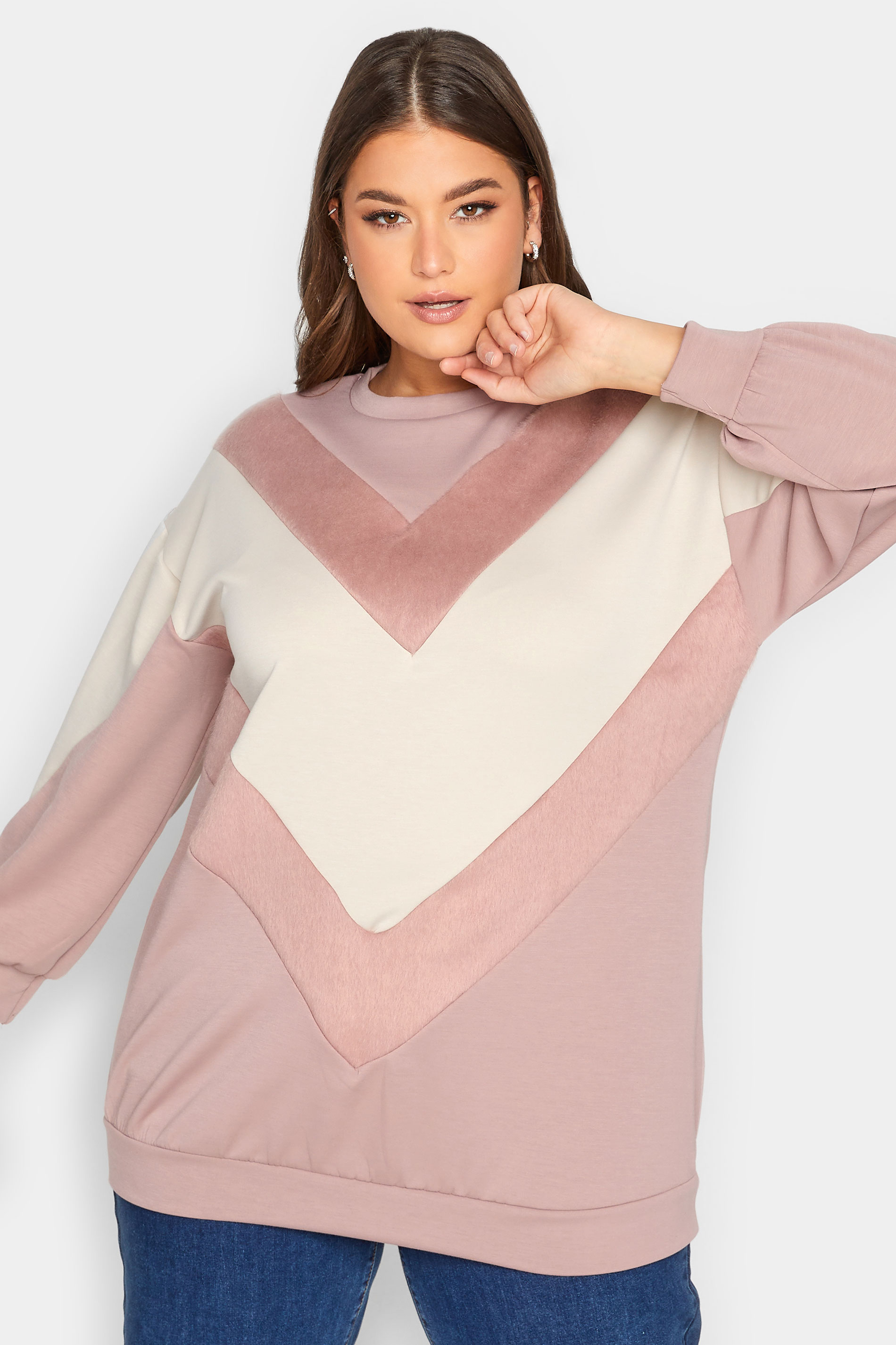 YOURS LUXURY Plus Size Pink Faux Fur Chevron Sweatshirt | Yours Clothing 2