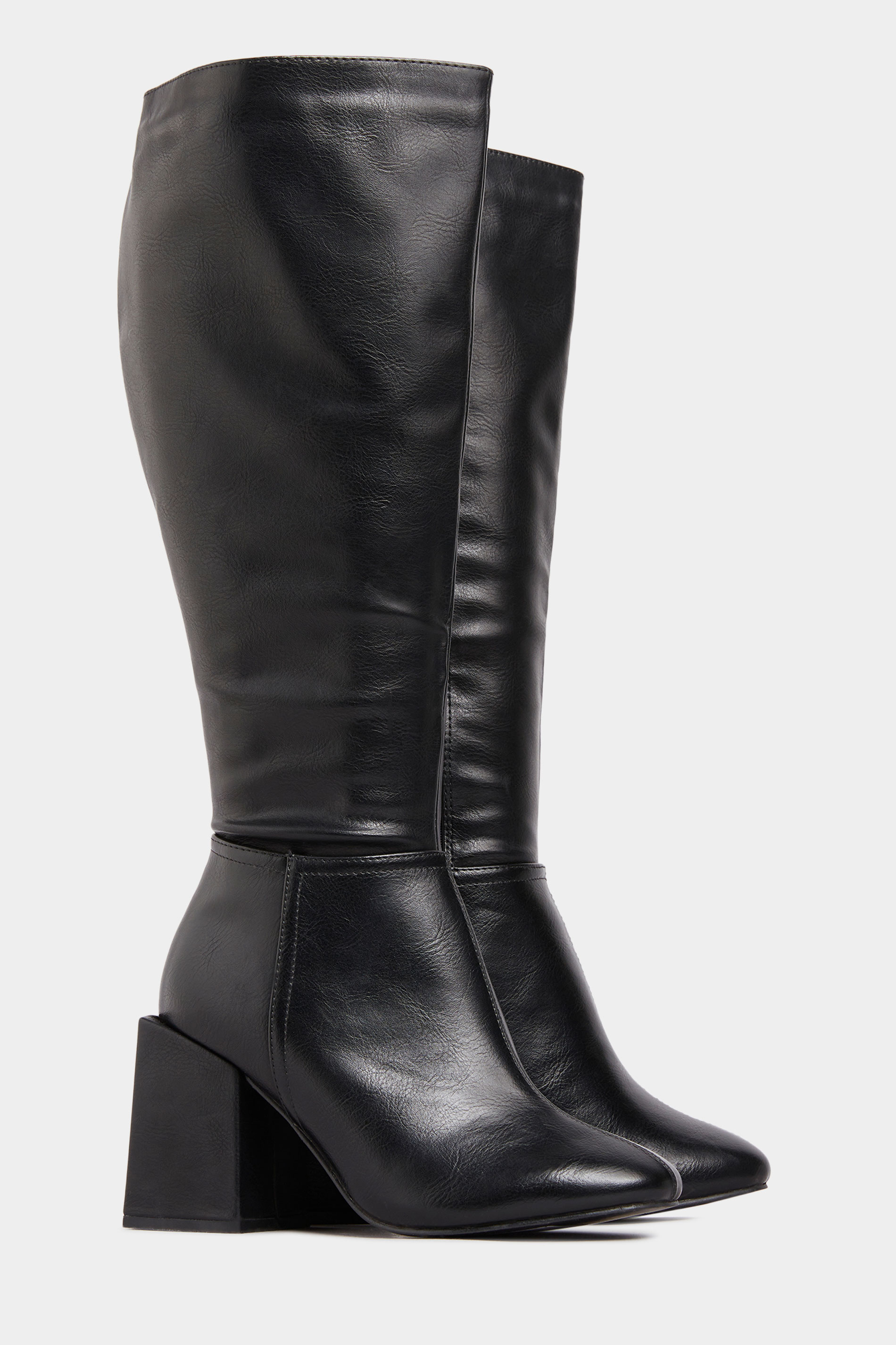 LIMITED COLLECTION Black Vegan Faux Leather Knee High Heeled Boots In Extra Wide Fit 1