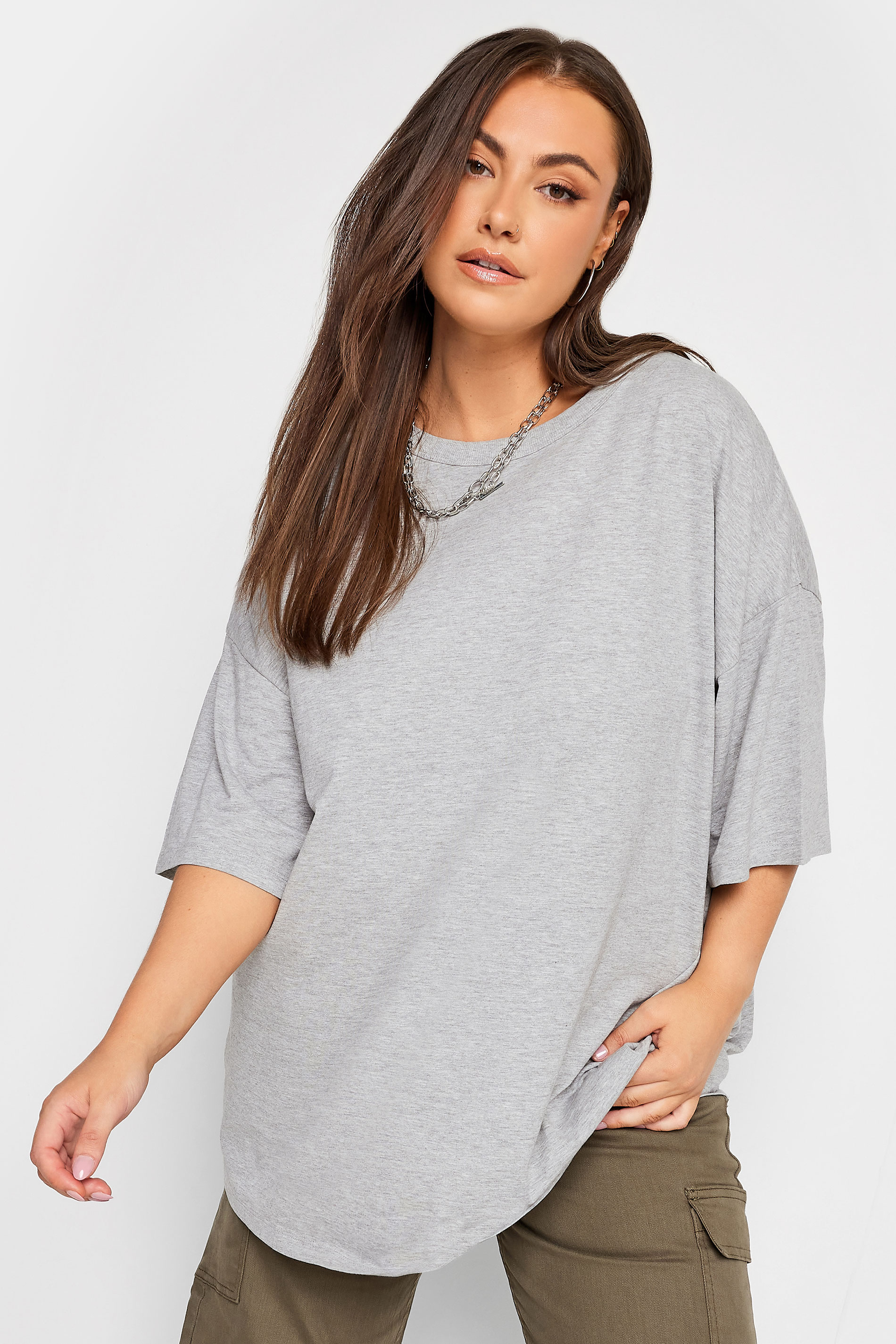 YOURS Curve Light Grey Marl Oversized Boxy T-Shirt | Yours Clothing 1