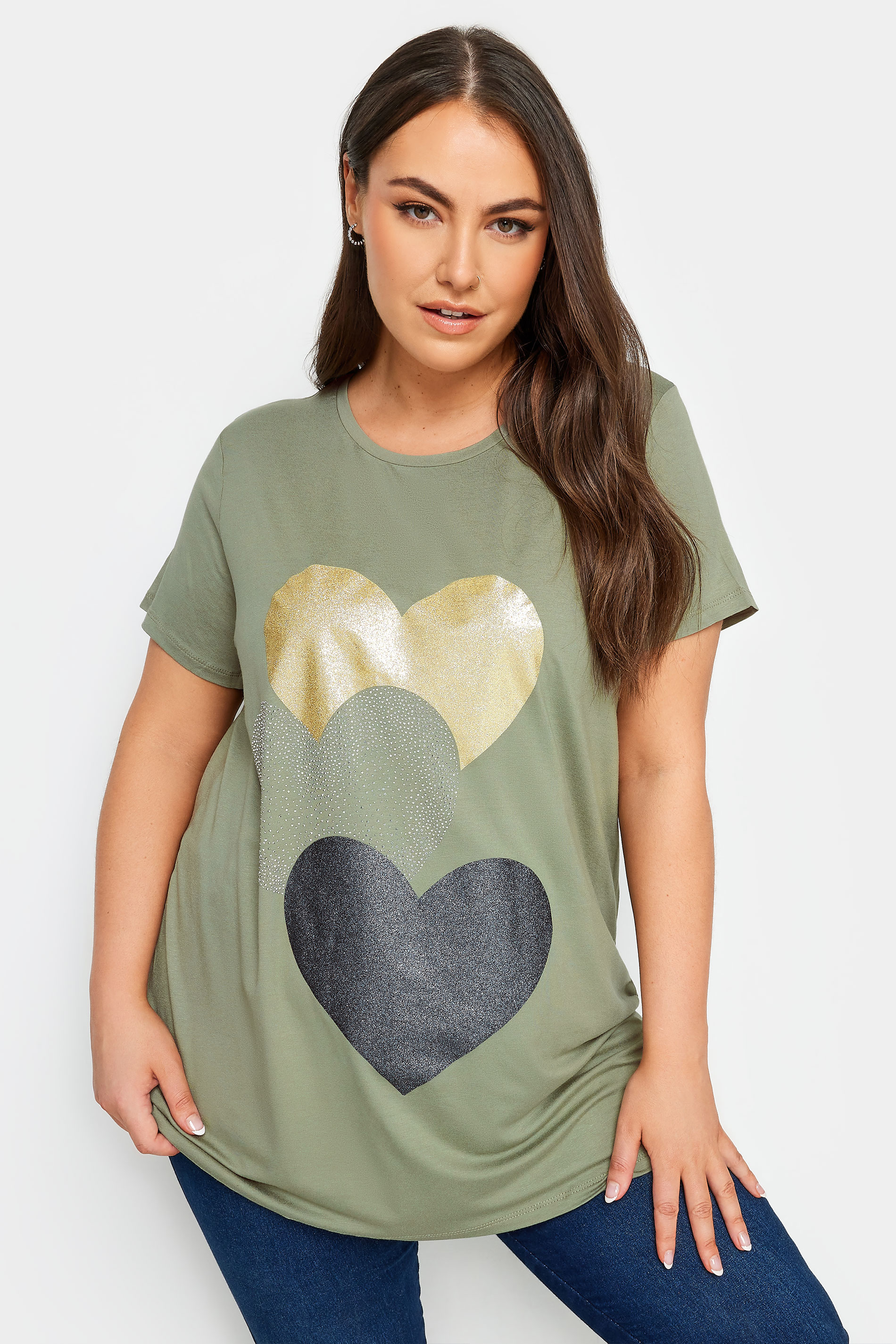 YOURS Plus Size Sage Green Glitter Heart Print T-Shirt | Yours Clothing  1