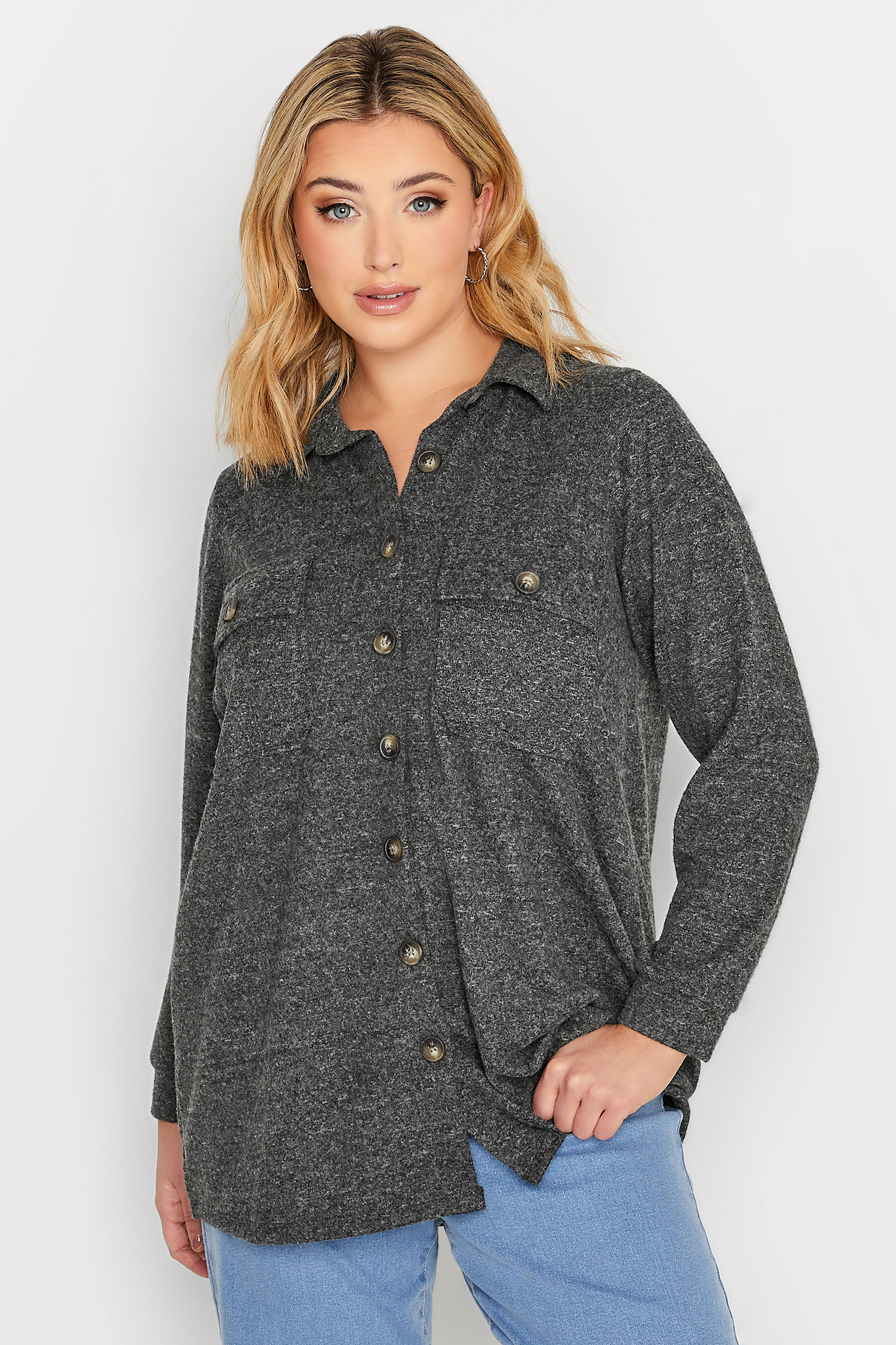 Plus Size Grey Marl Button Through Shirt | Yours Clothing 1