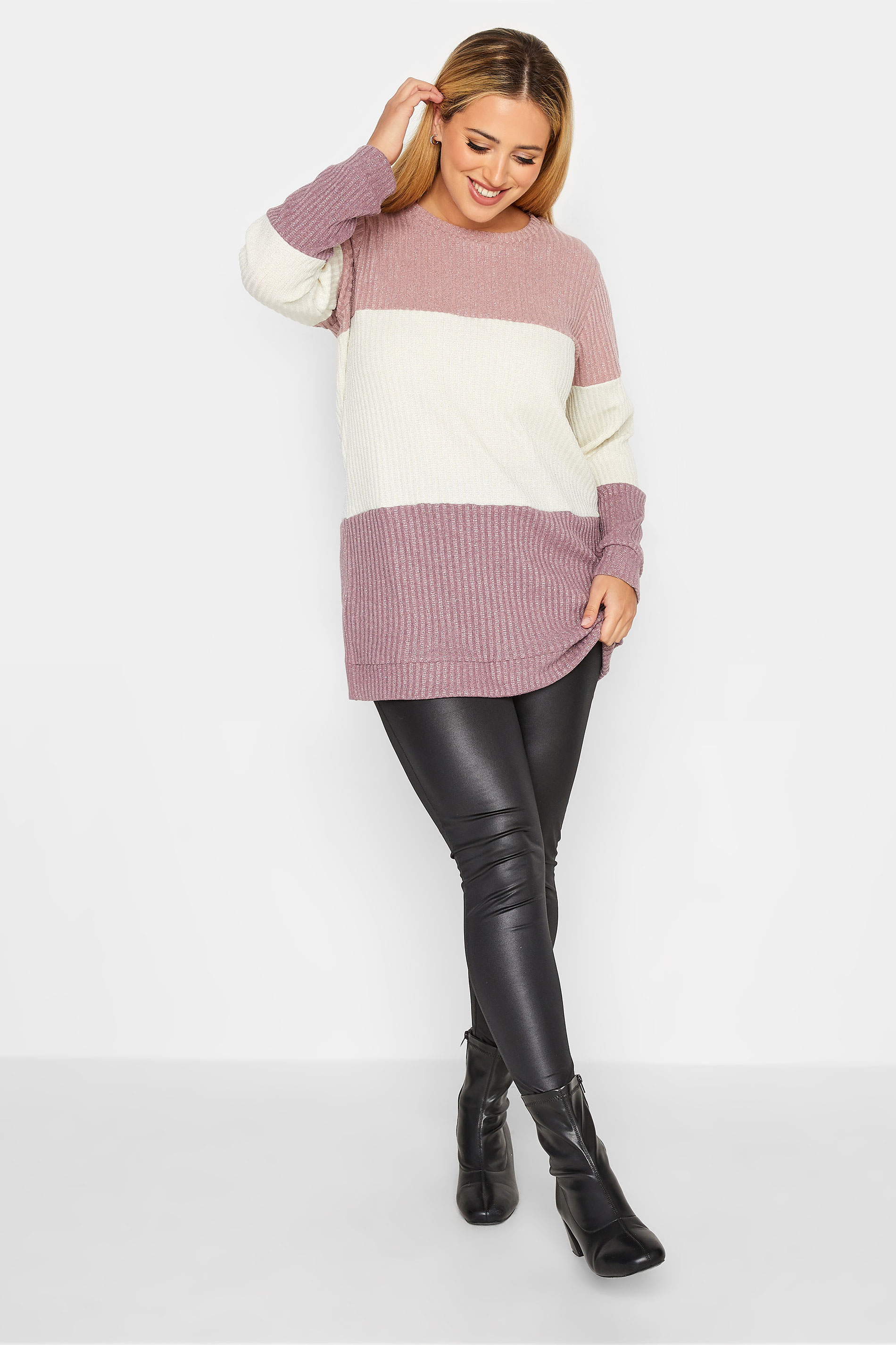 YOURS LUXURY Plus Size Womens Pink & White Colourblock Soft Touch Metallic Jumper | Yours Clothing  3