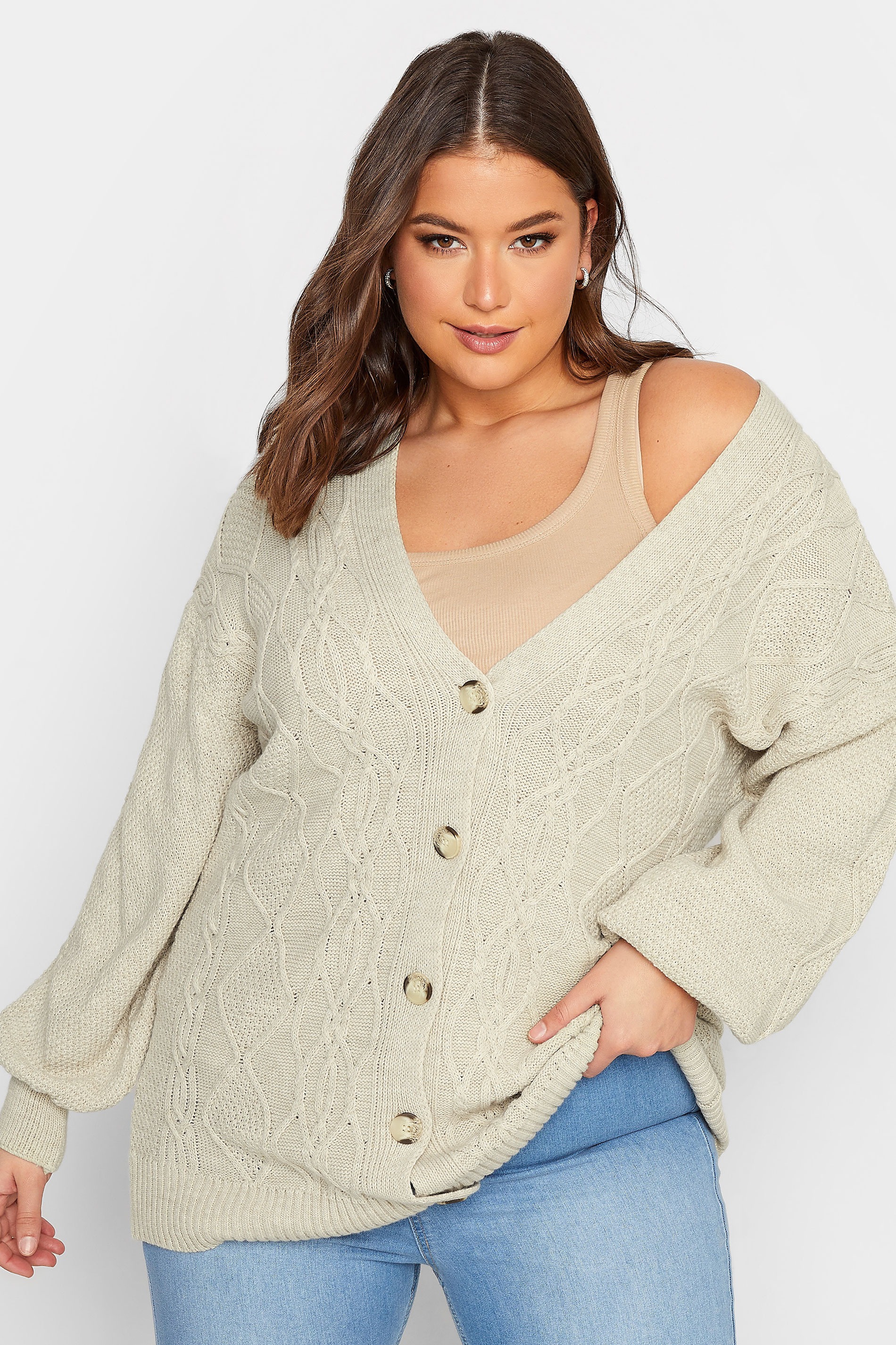 YOURS Plus Size Nude Beige Knitted Button Through Cardigan | Yours Clothing 1