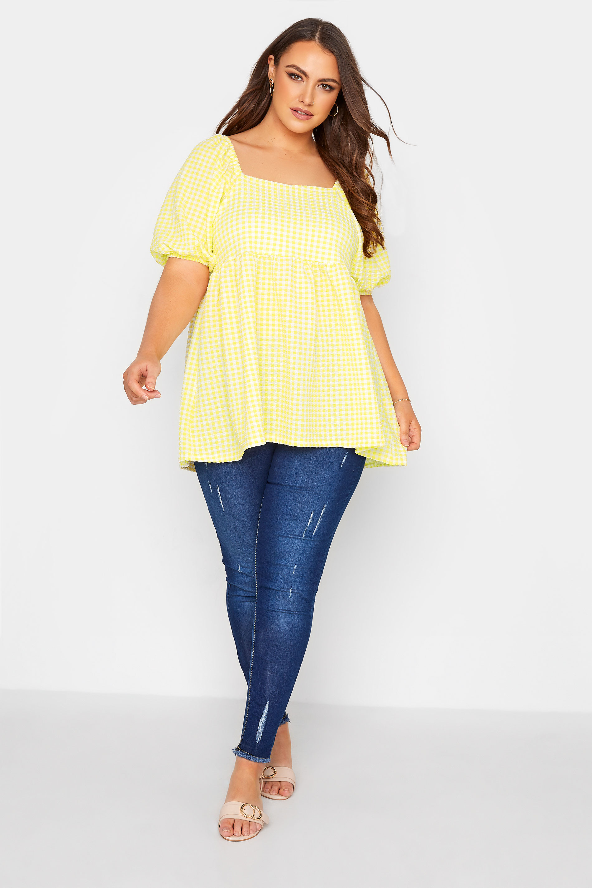 Grande taille  Tops Grande taille  Tops Casual | LIMITED COLLECTION - Top Jaune à Carreaux Manches Bouffantes - YI88818