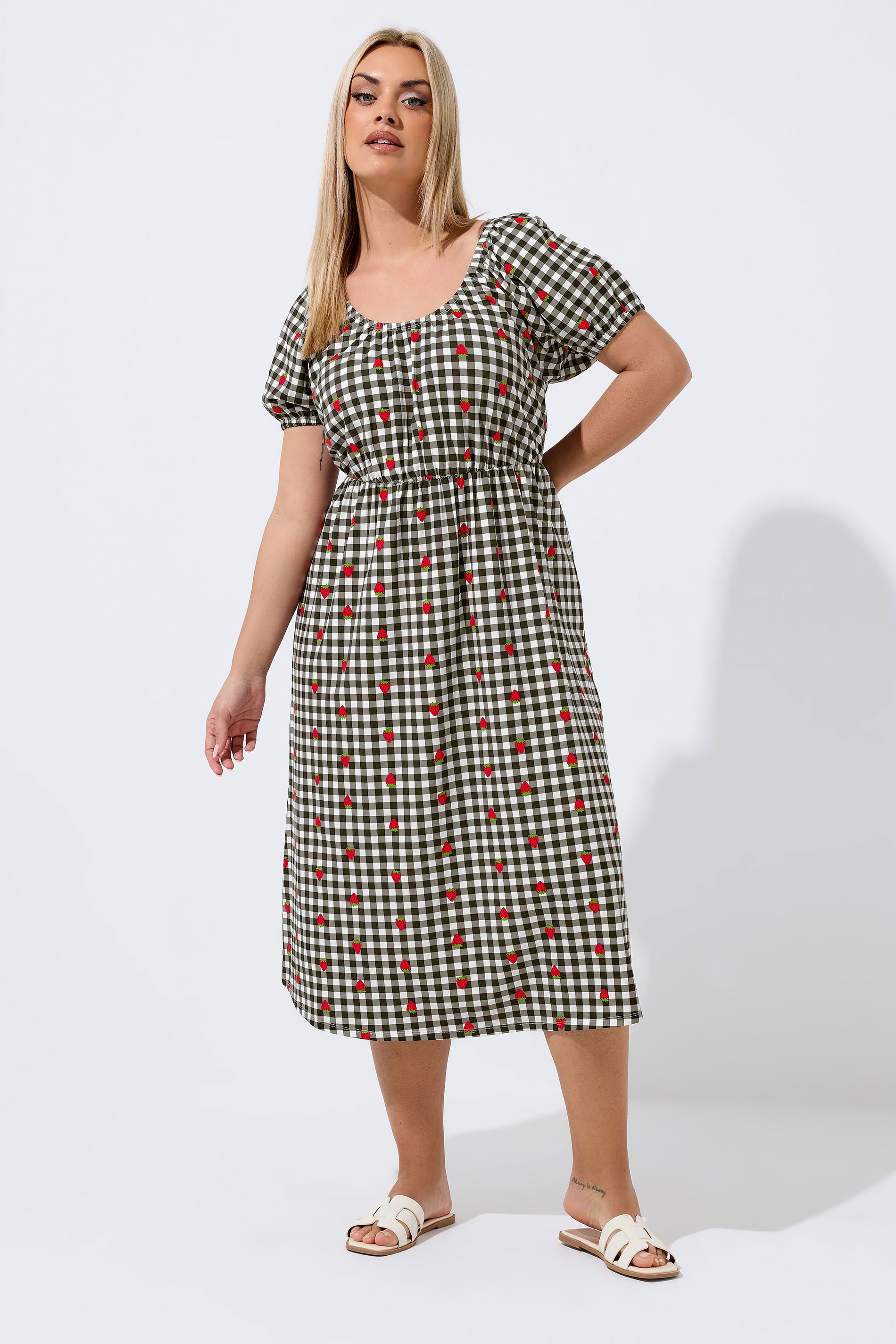 LIMITED COLLECTION Plus Size Black Strawberry Gingham Bardot Dress | Yours Clothing 1