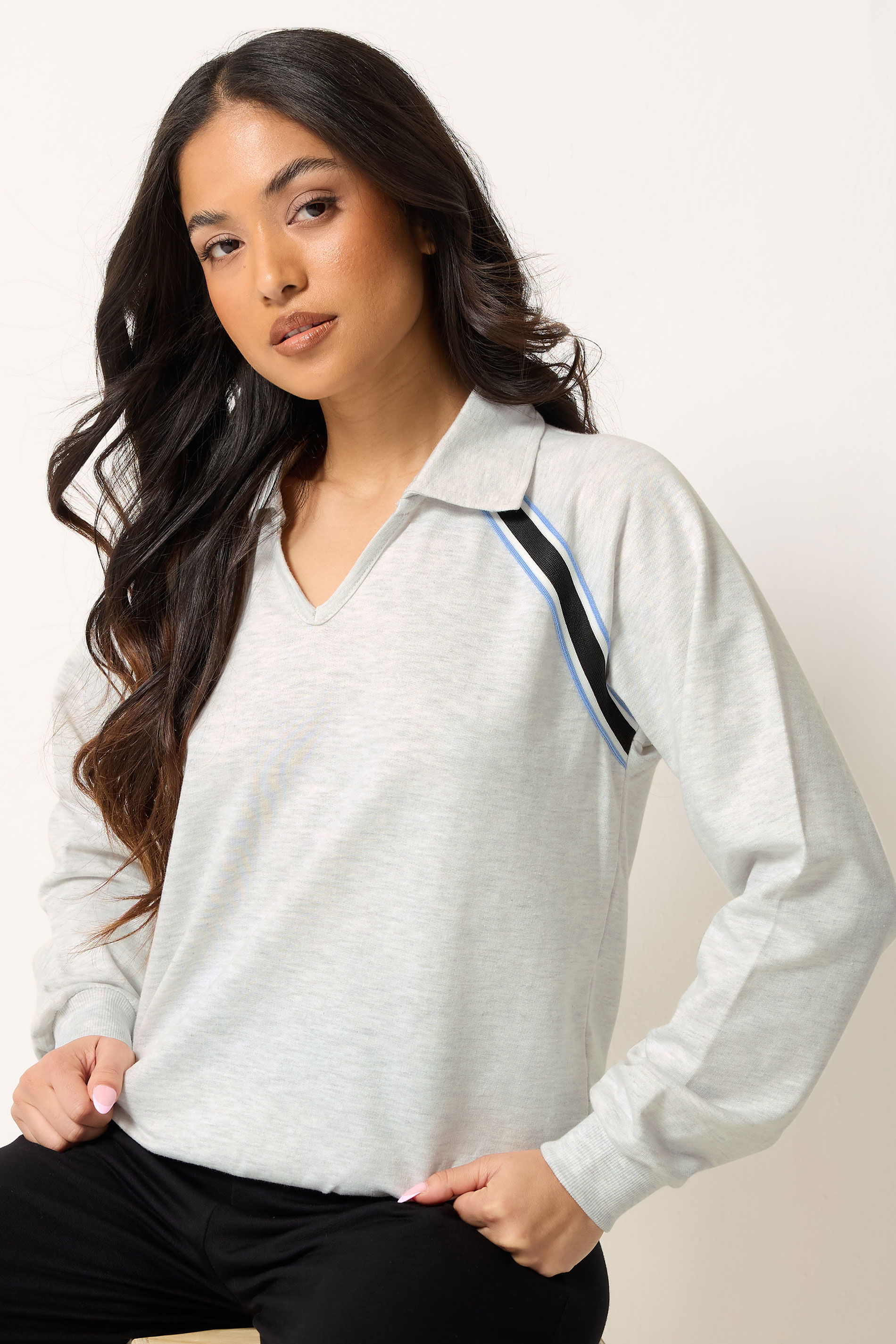 PixieGirl Petite Grey Marl Stripe Collar Sweatshirt | PixieGirl 3