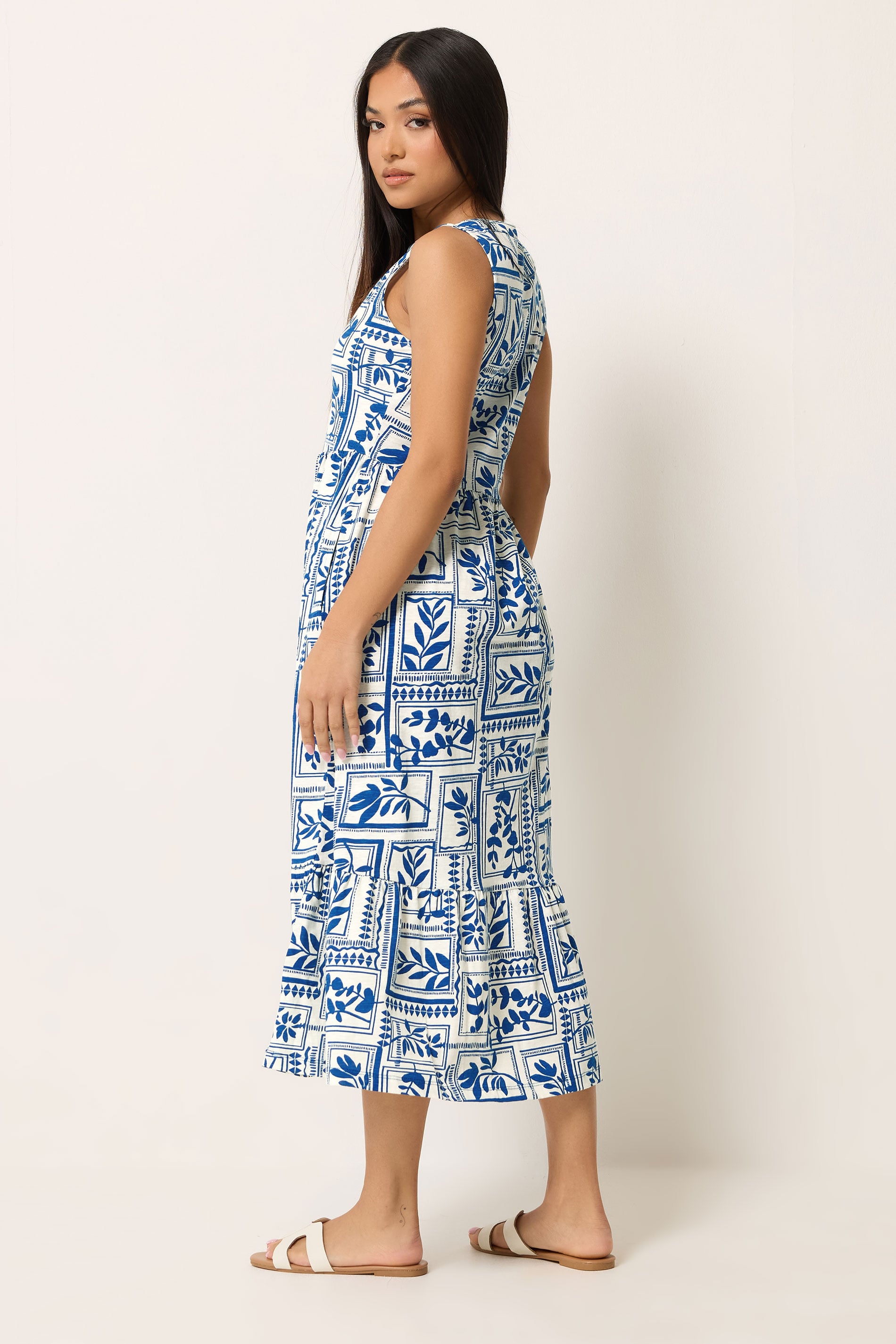 M&Co Petite Blue Leaf Print Sleeveless Cotton Midi Dress | M&Co 2