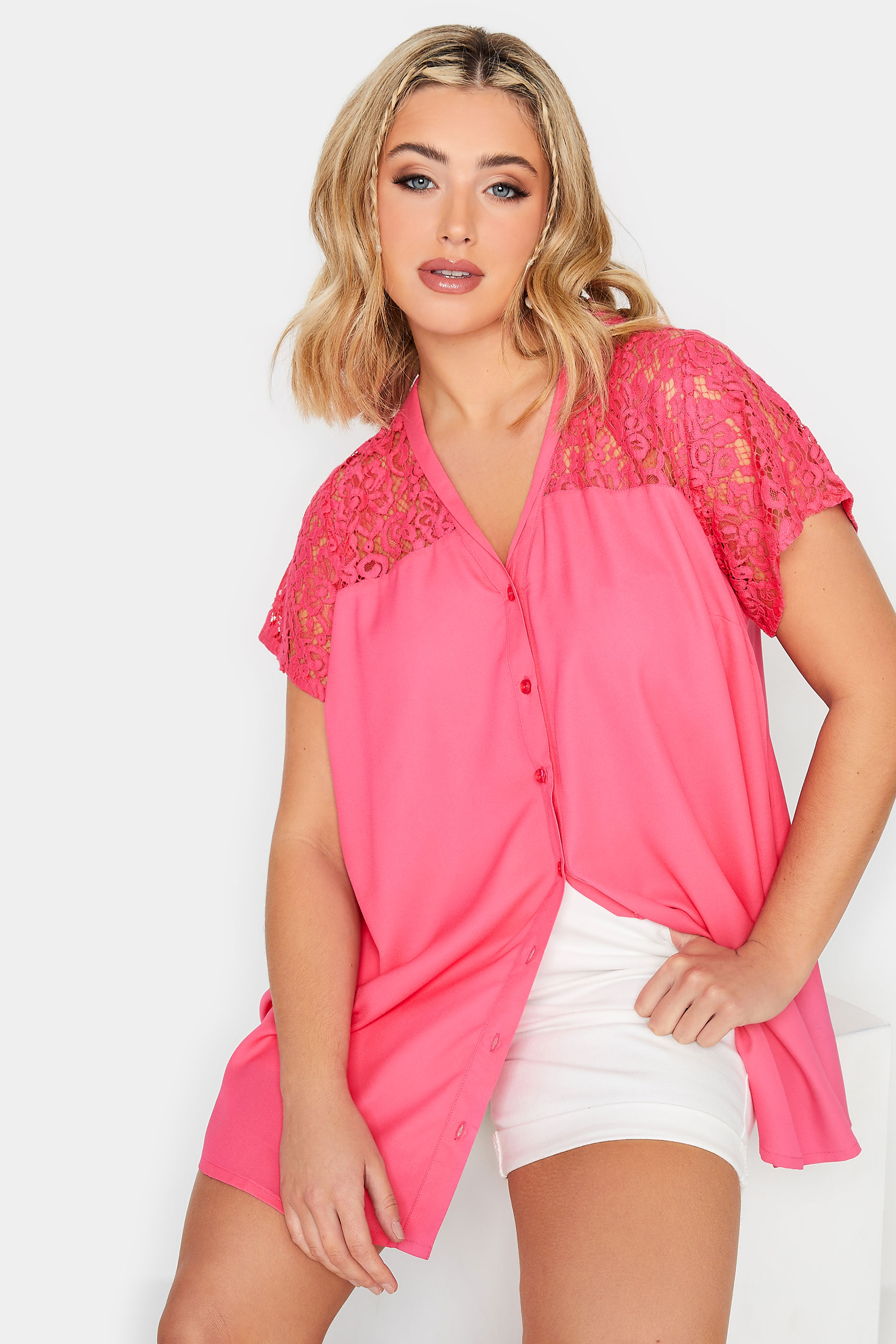 LIMITED COLLECTION Plus Size Pink Lace Insert Blouse | Yours Clothing 1