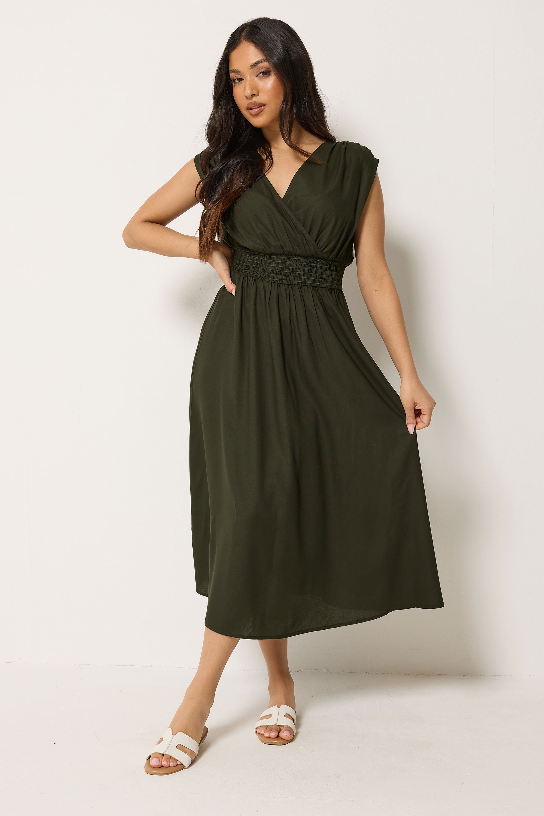 PixieGirl Petite Women's Olive Green Wrap Midi Dress | PixieGirl 1
