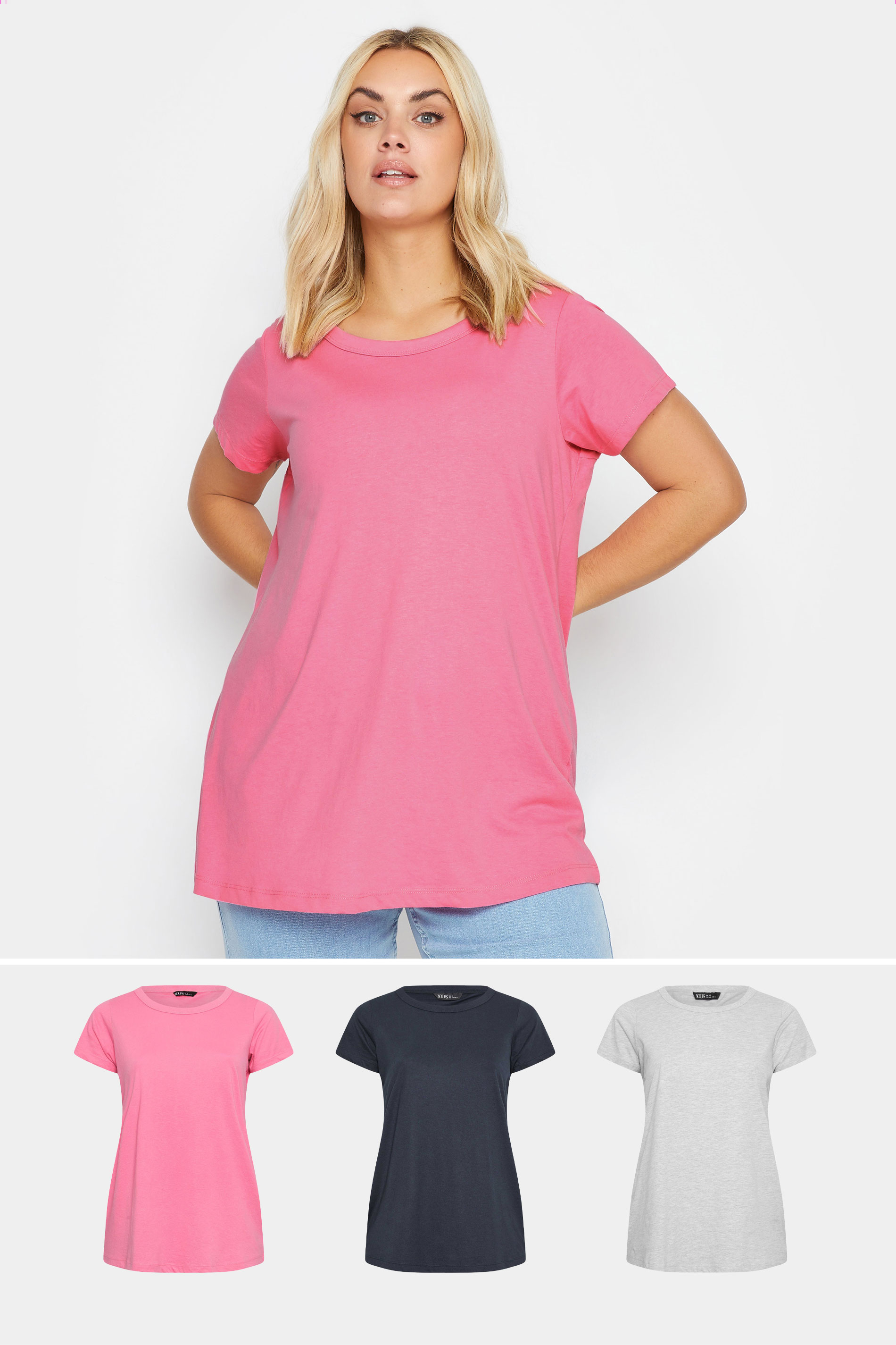 3 PACK Pink & Grey Essential T-Shirts | Yours Clothing 1