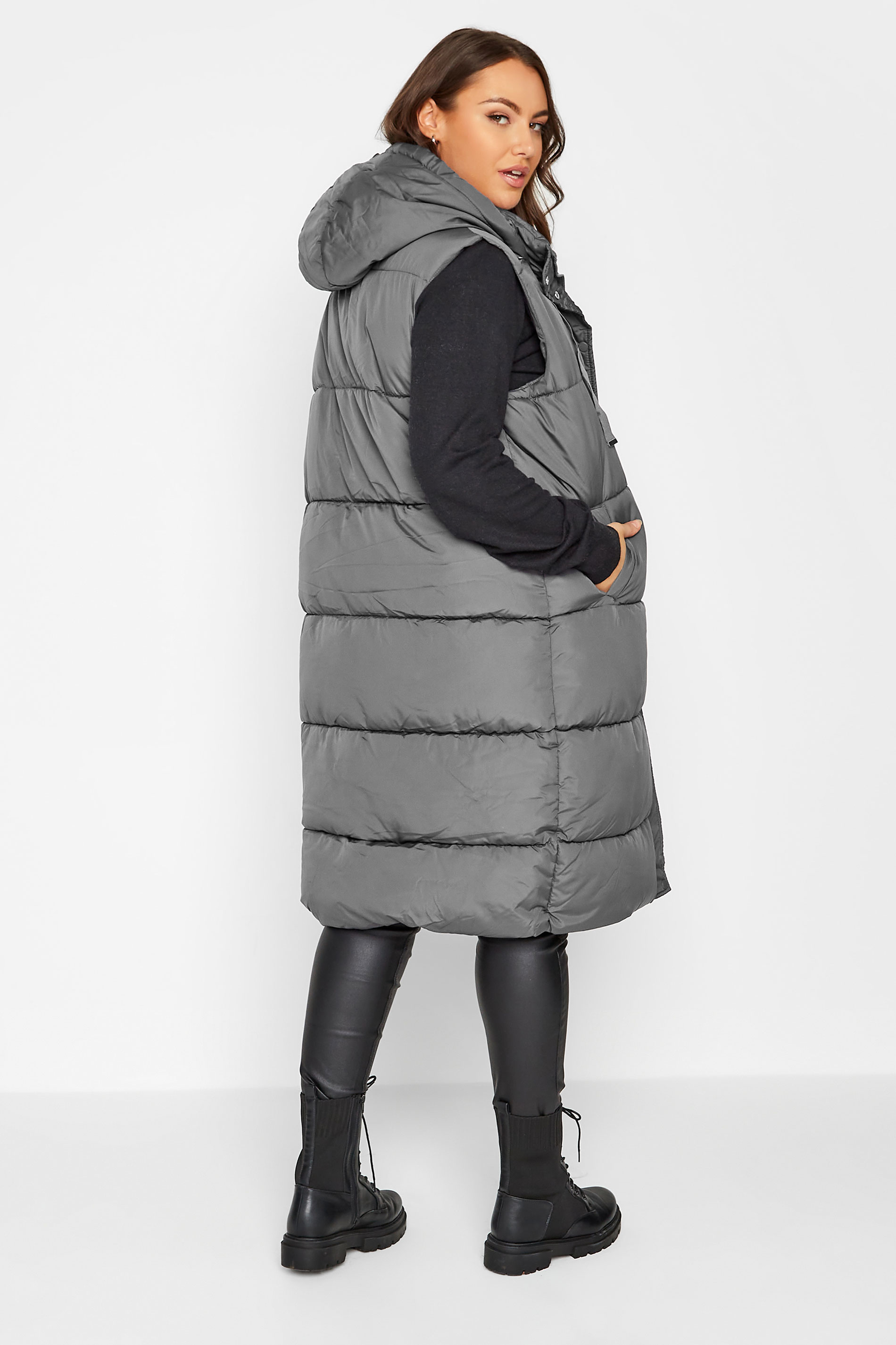 Plus Size Grey Maxi Panelled Puffer Gilet | Yours Clothing 3