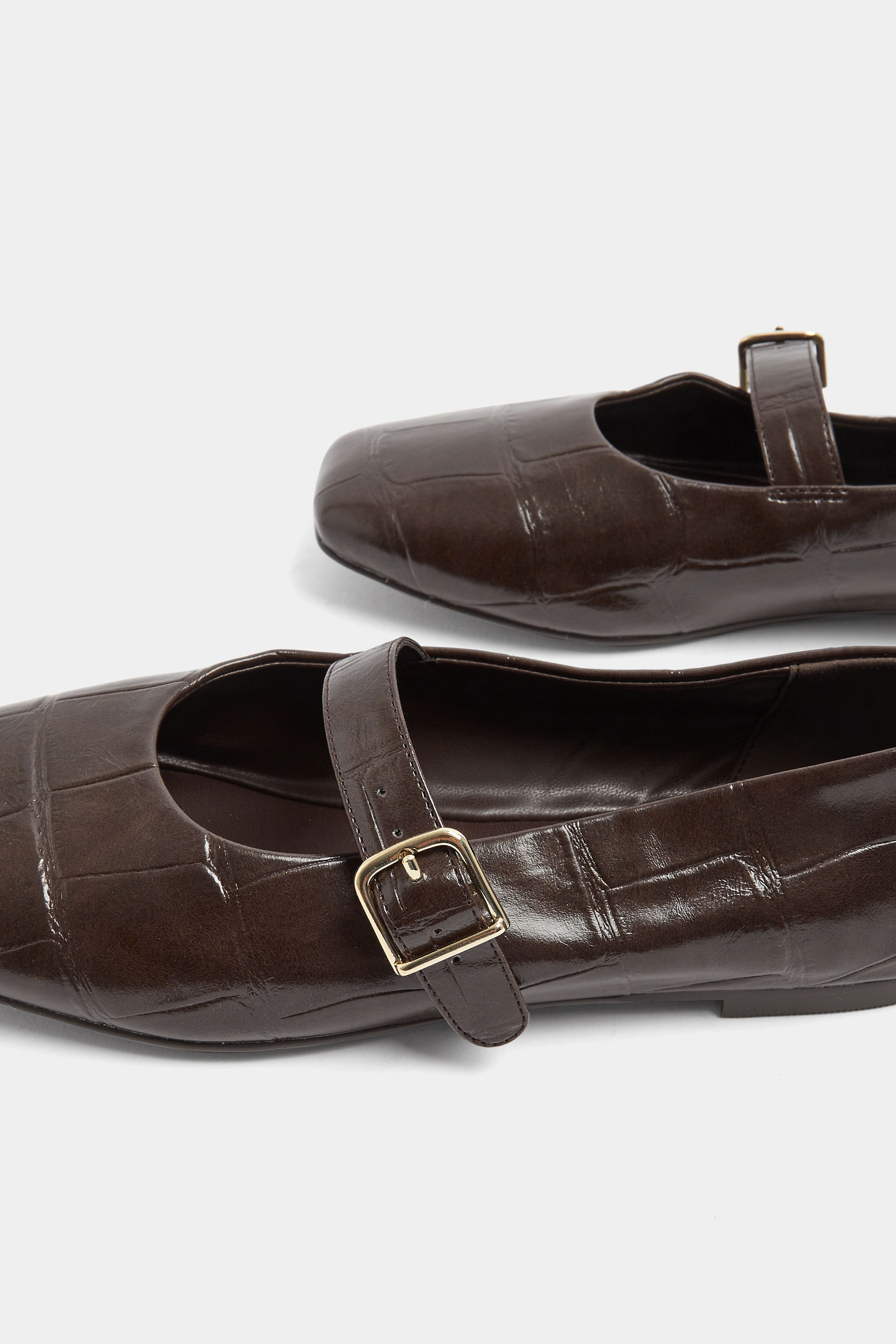 Chocolate Brown Croc Buckle Detail Mary Jane Flats In Wide E Fit | Yours Clothing 4