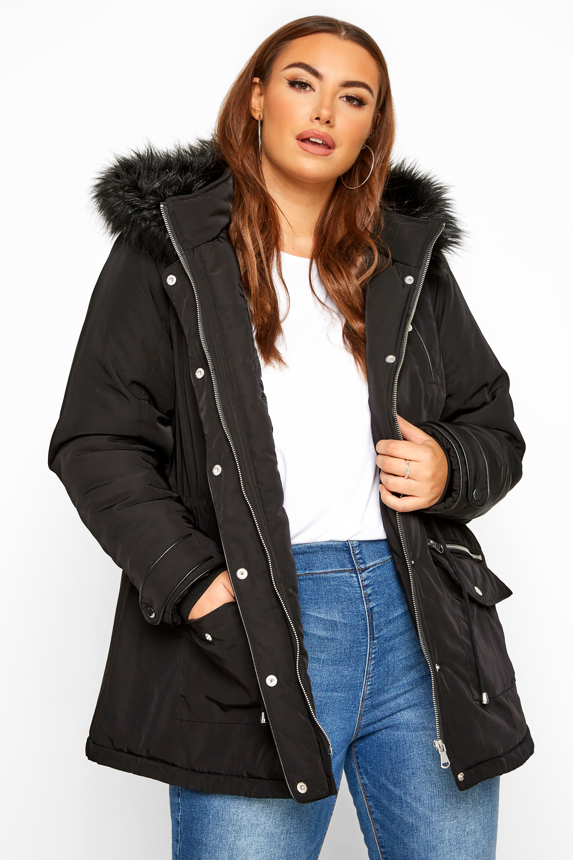 Black Faux Fur Trim Short Parka Coat | Yours Clothing