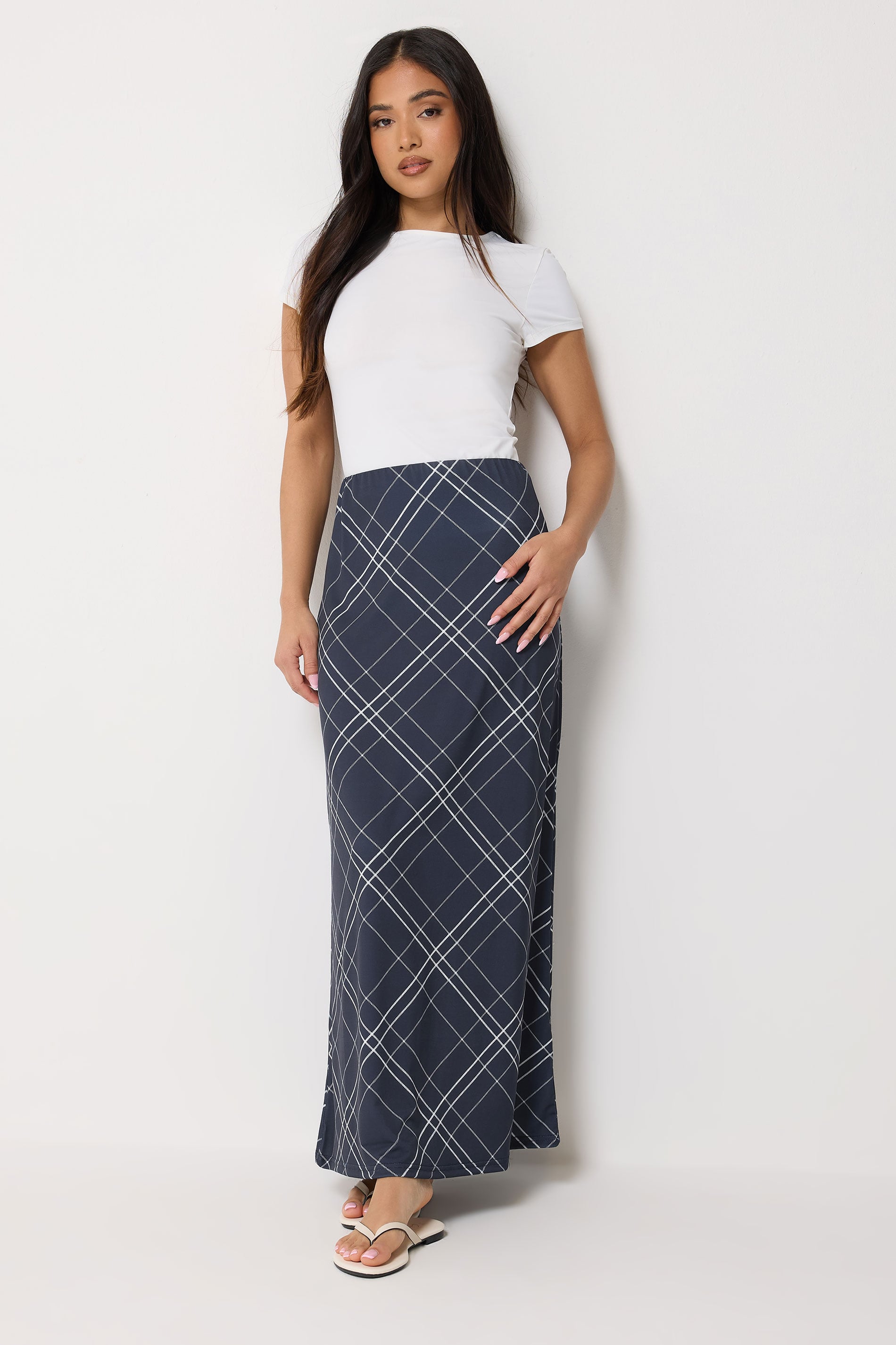 PixieGirl Petite Women's Navy Blue Check Maxi Skirt | PixieGirl 3