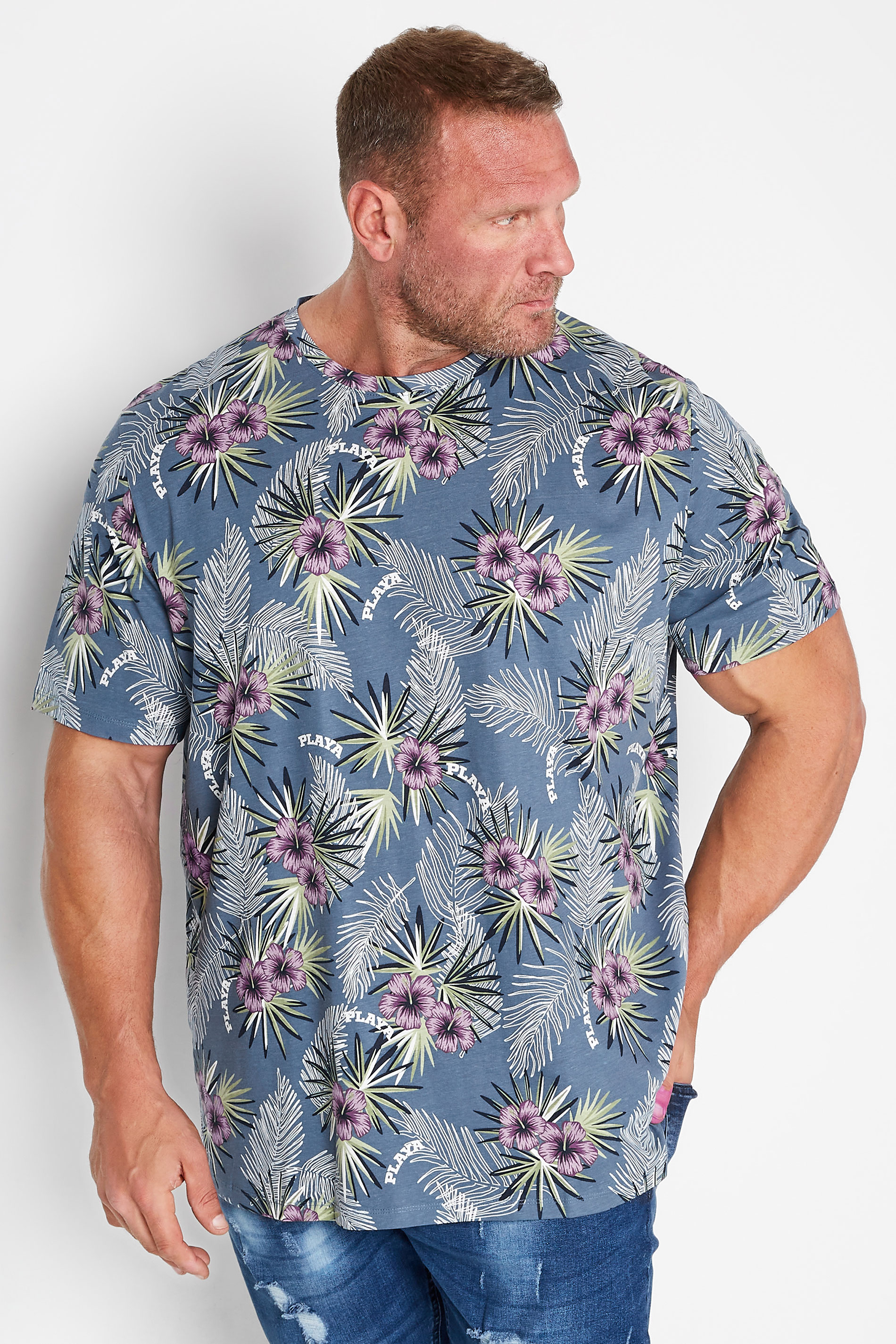 JACK & JONES Big & Tall Blue Tropical Print T-Shirt 1