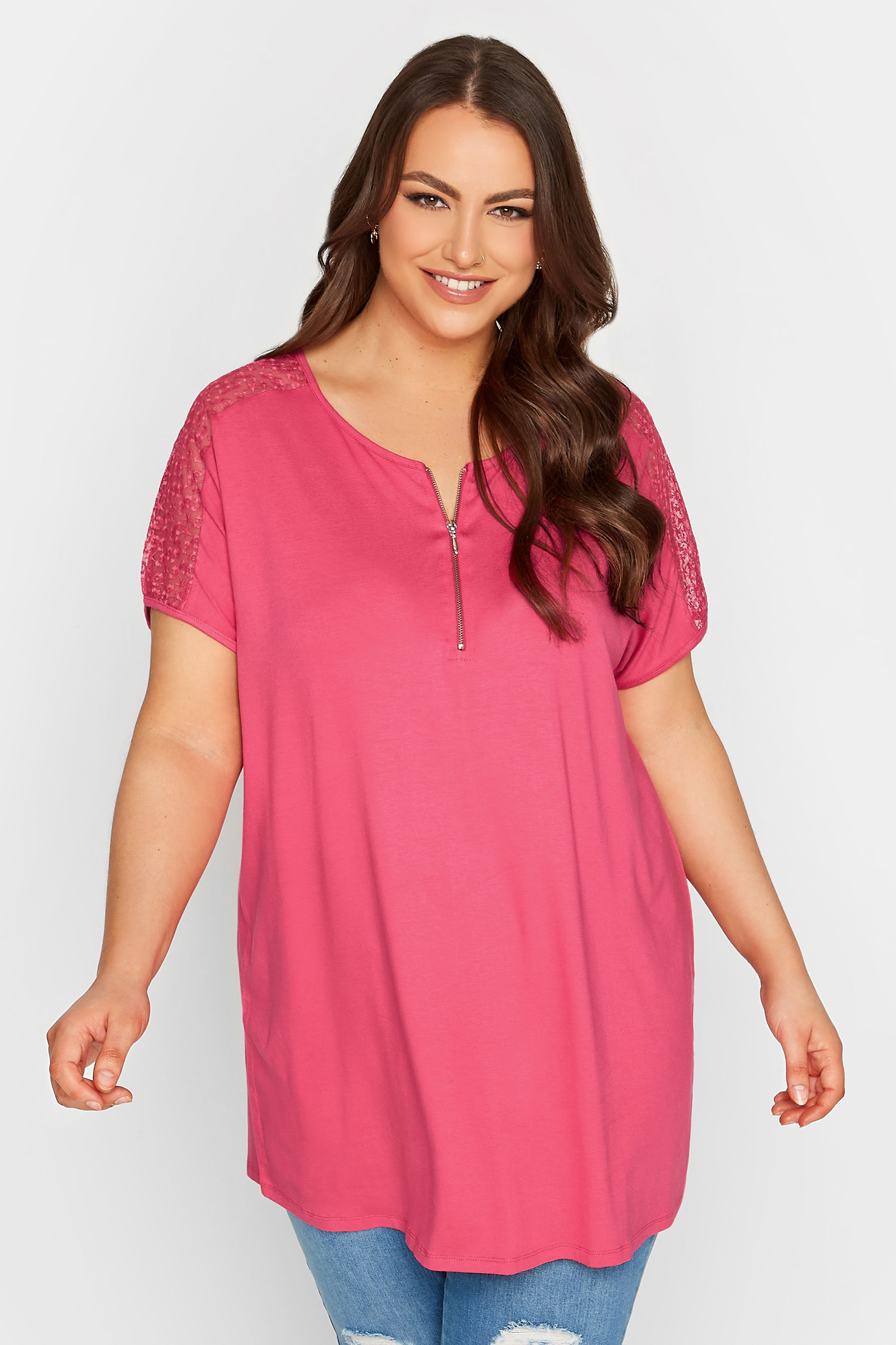 YOURS Plus Size Pink Lace Sleeve Zip T-Shirt | Yours Clothing 1