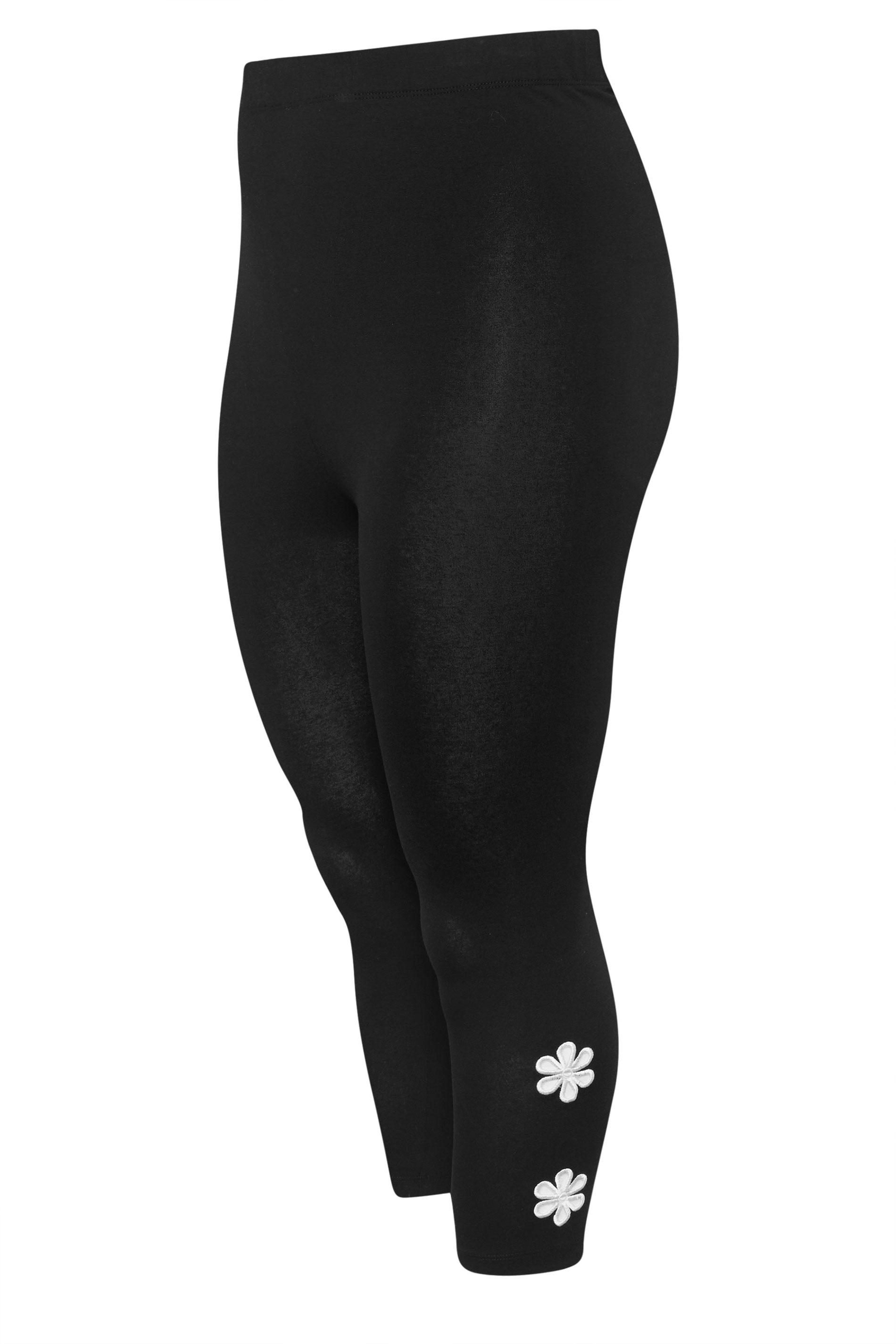 YOURS Plus Size Black Flower Detail Cropped Leggings | Yours Clothing 6